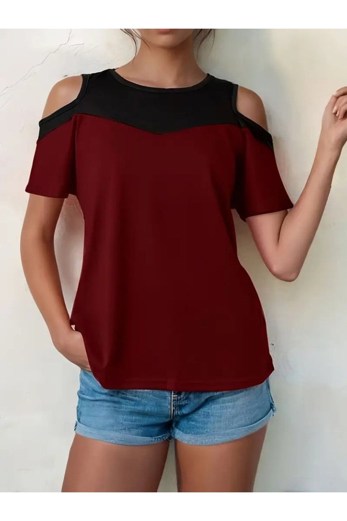 ARUZ MODA Kadın Kısa Kollu Omuzlardan Açık Detaylı çift Renkli Viskon Bluz