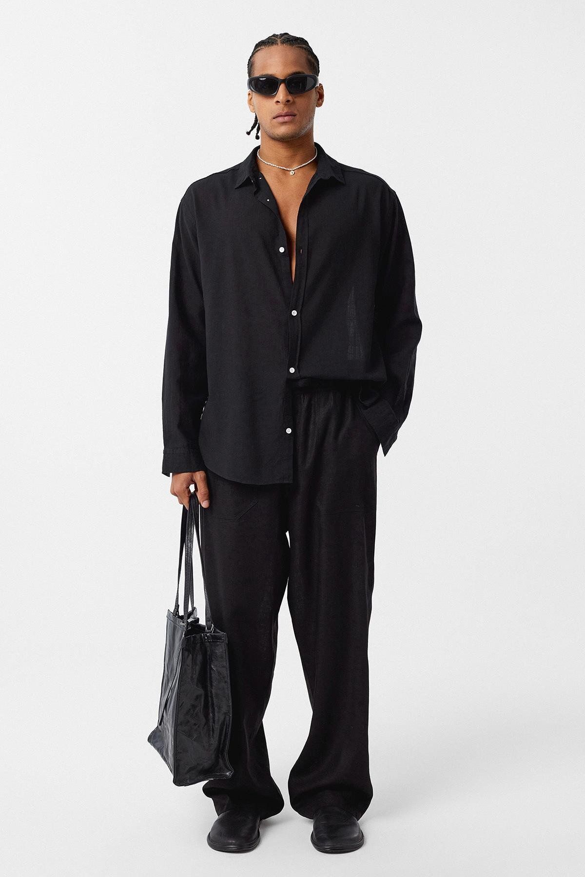 VAMOSCLO Basic Oversize Keten Gömlek Siyah