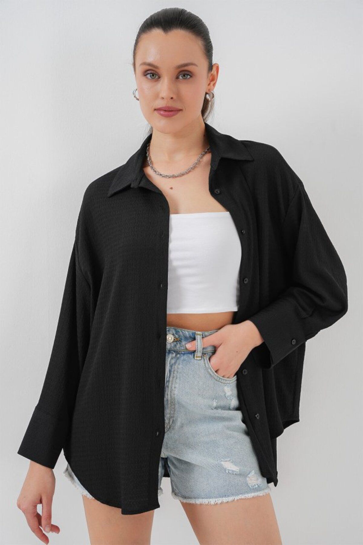 ARUZ MODA Örme Oversize Gömlek 20264 - Siyah