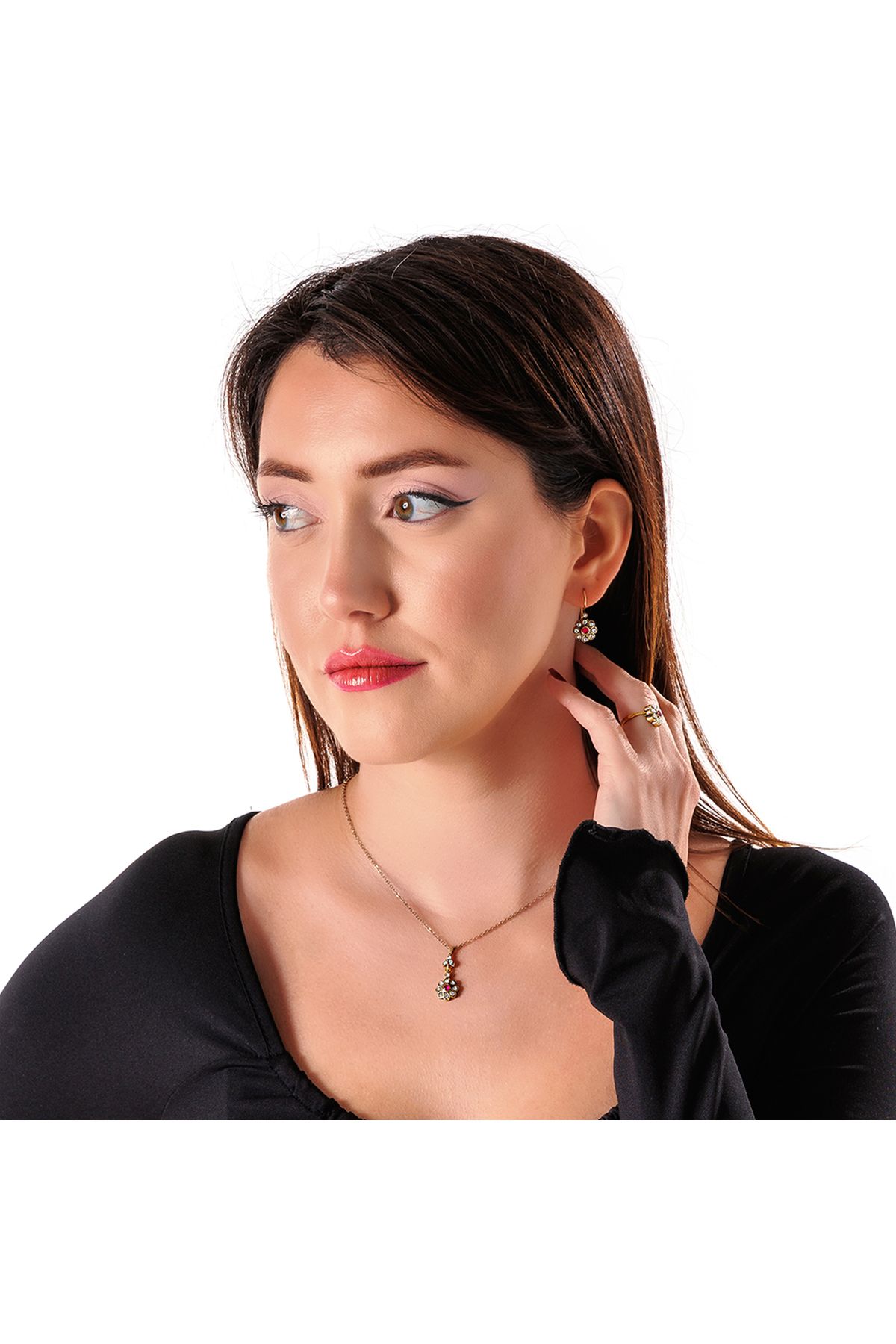 Atelier LEO Handmade Jewellery HARMONİ MİNİ ÇİÇEK KIRMIZI TAKIM YÜZÜK NO:8 BAKIR EL YAPIMI KARARMA YAPMAZ KADIN TAKI SETİ