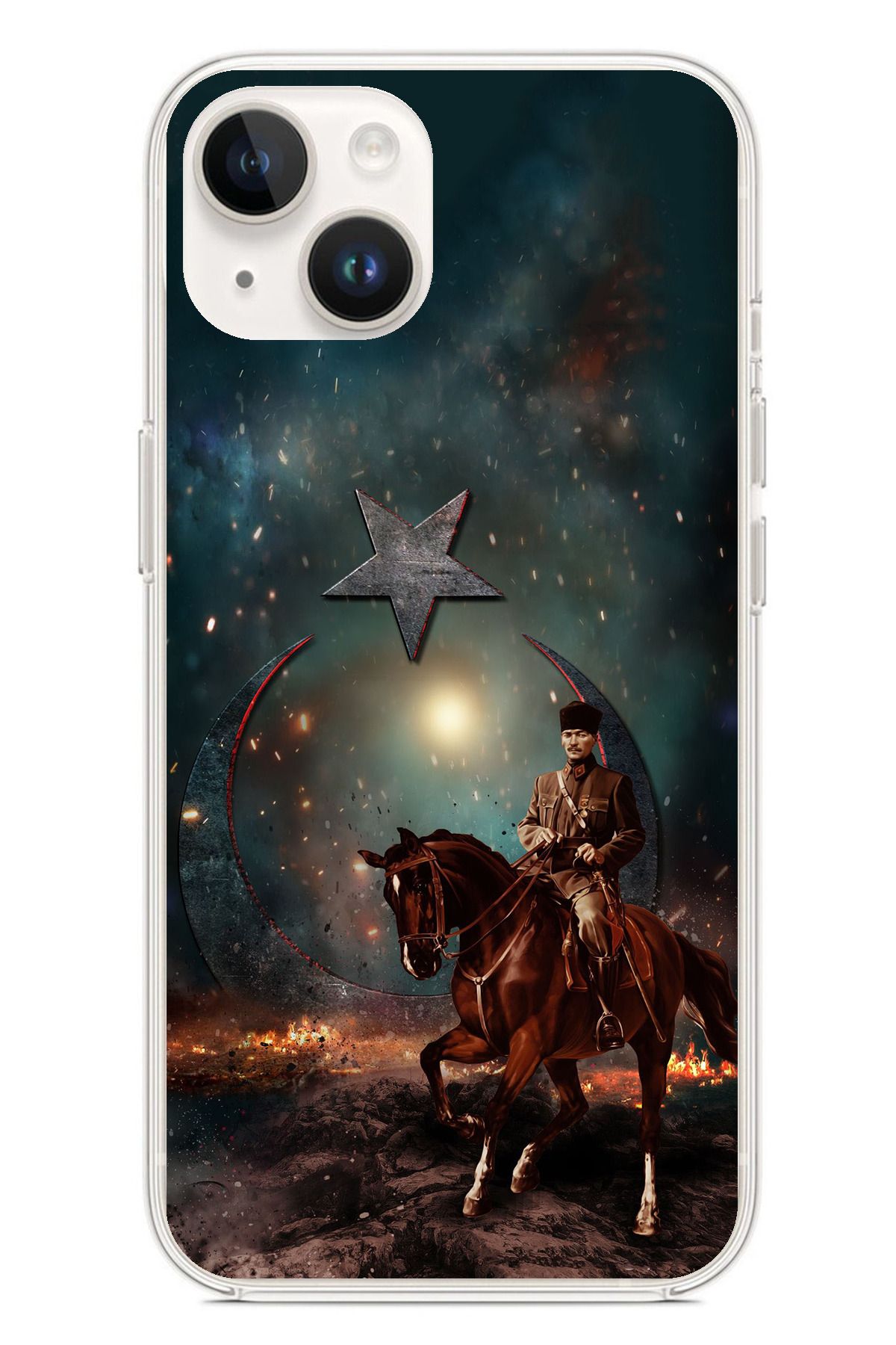 TechTree iPhone 13 - 14 Uyumlu Atatürk At Üstünde Zafer Şeffaf Silikon Kılıf