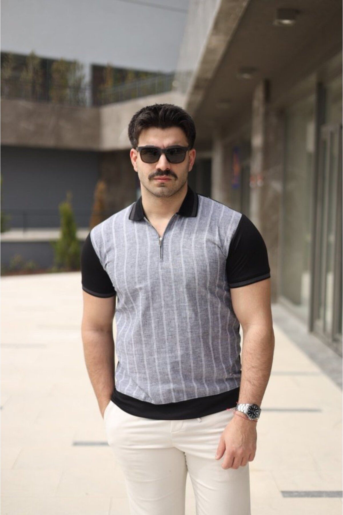 ARUZ MODA Erkek Polo Yaka Fermuar Detaylı Çizgili Tişört