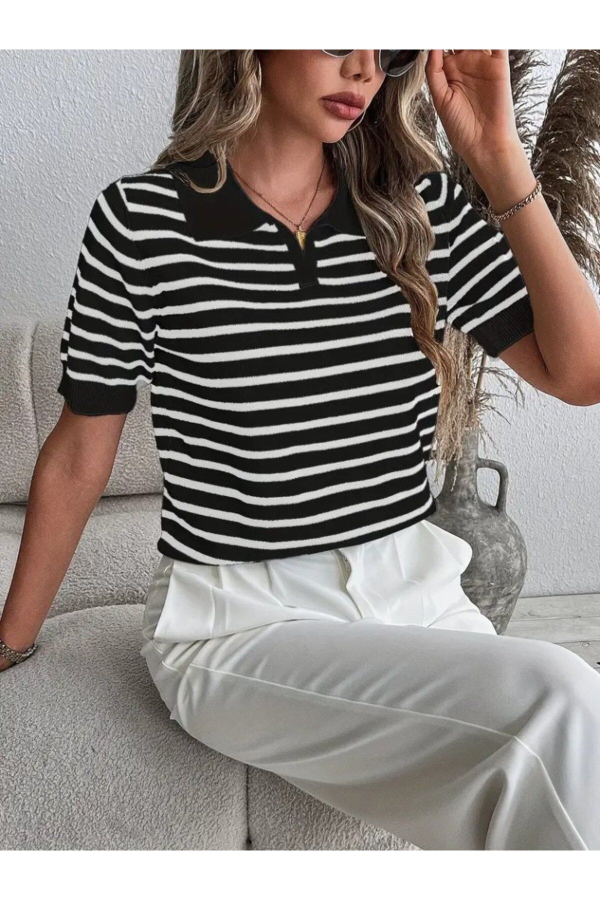 ARUZ MODA Kadın Kısa Kol Polo Yaka çizgi Desen Triko Bluz