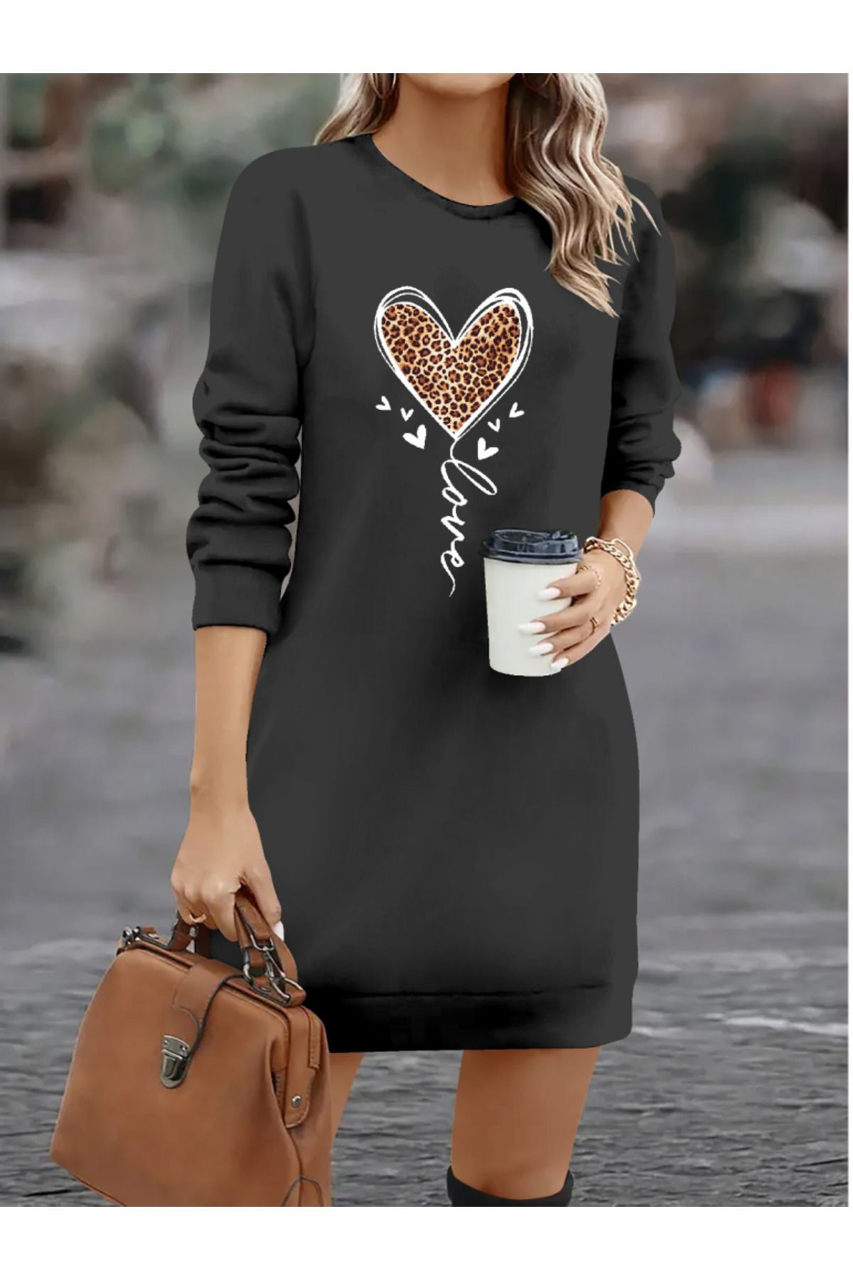ARUZ MODA Kadın Uzun Kollu Bisiklet Yaka Kalp Desenli Kısa Viskon Elbise