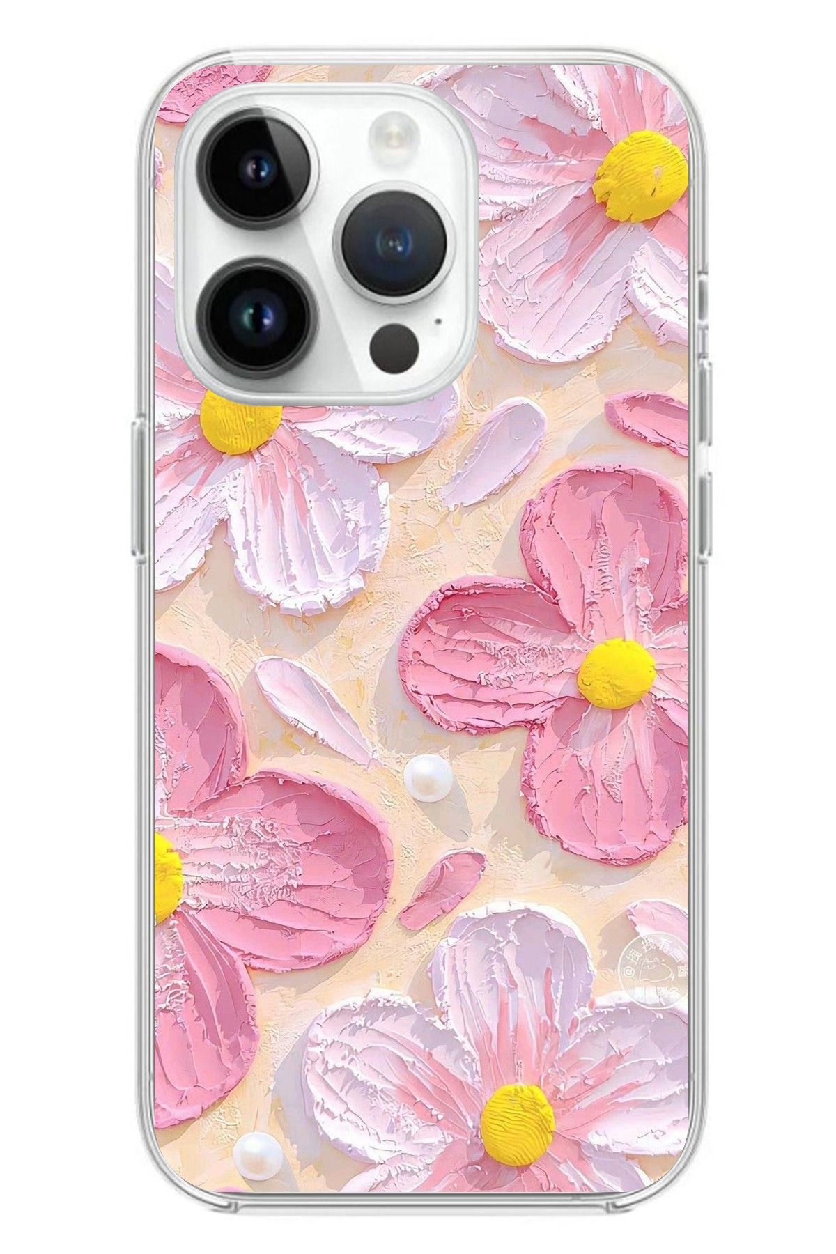 TechTree iPhone 14 PRO Uyumlu Pembe Beyaz Çiçekler Sulu Boya Şeffaf Silikon Kılıf