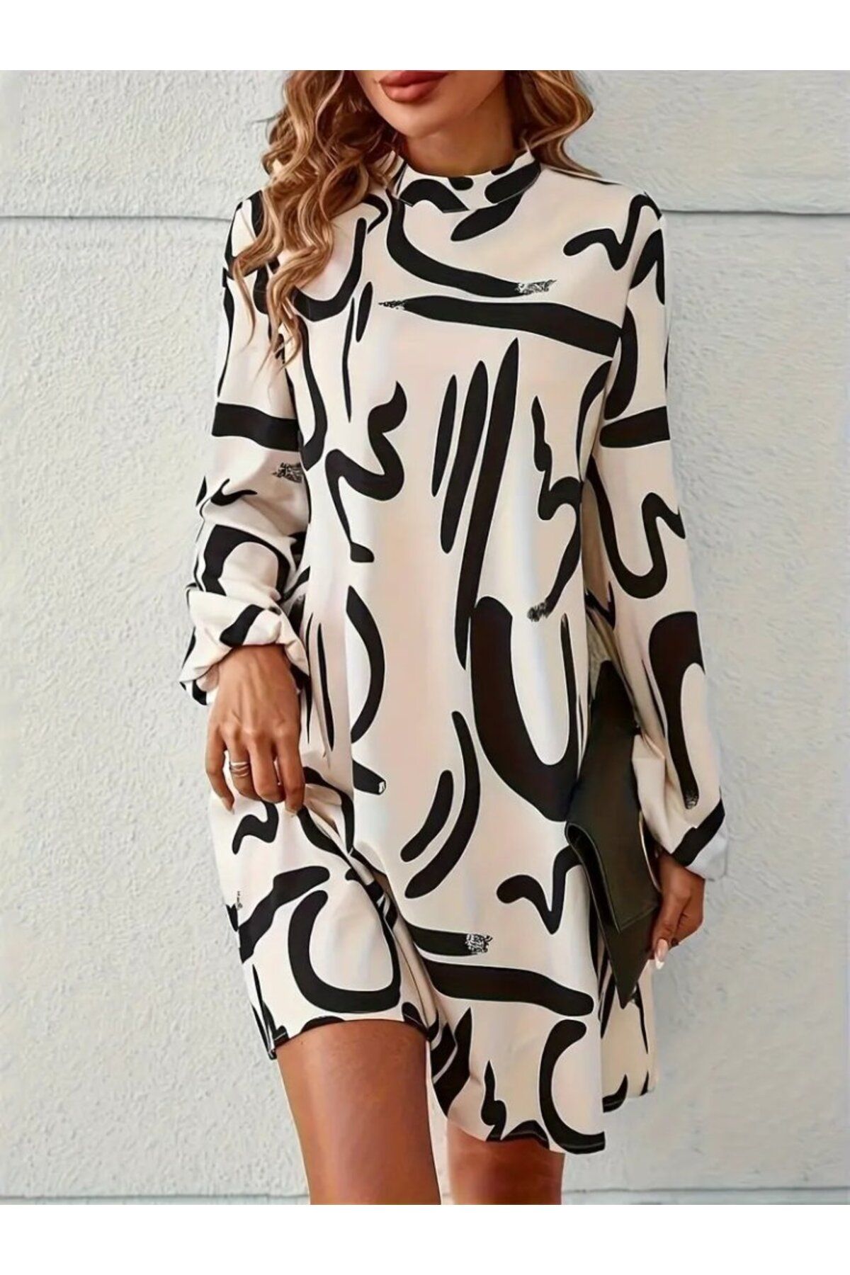 ARUZ MODA Kadın Uzun Kollu Yarı Balıkçı Yaka Desenli Kısa Dalgıç Elbise