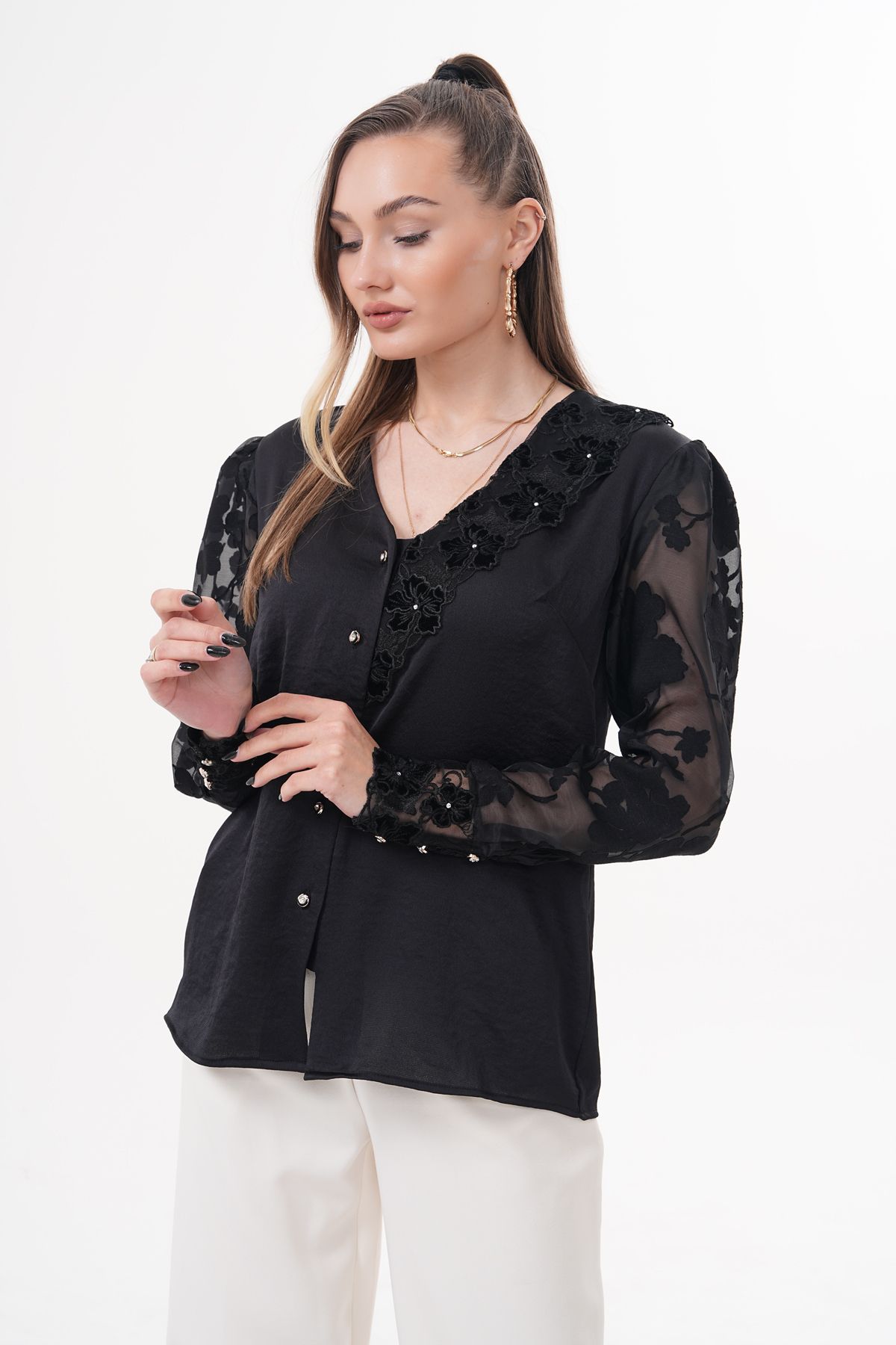 Loom Boutique Büyük Beden V Yaka Keten Devore Kollu Gömlek