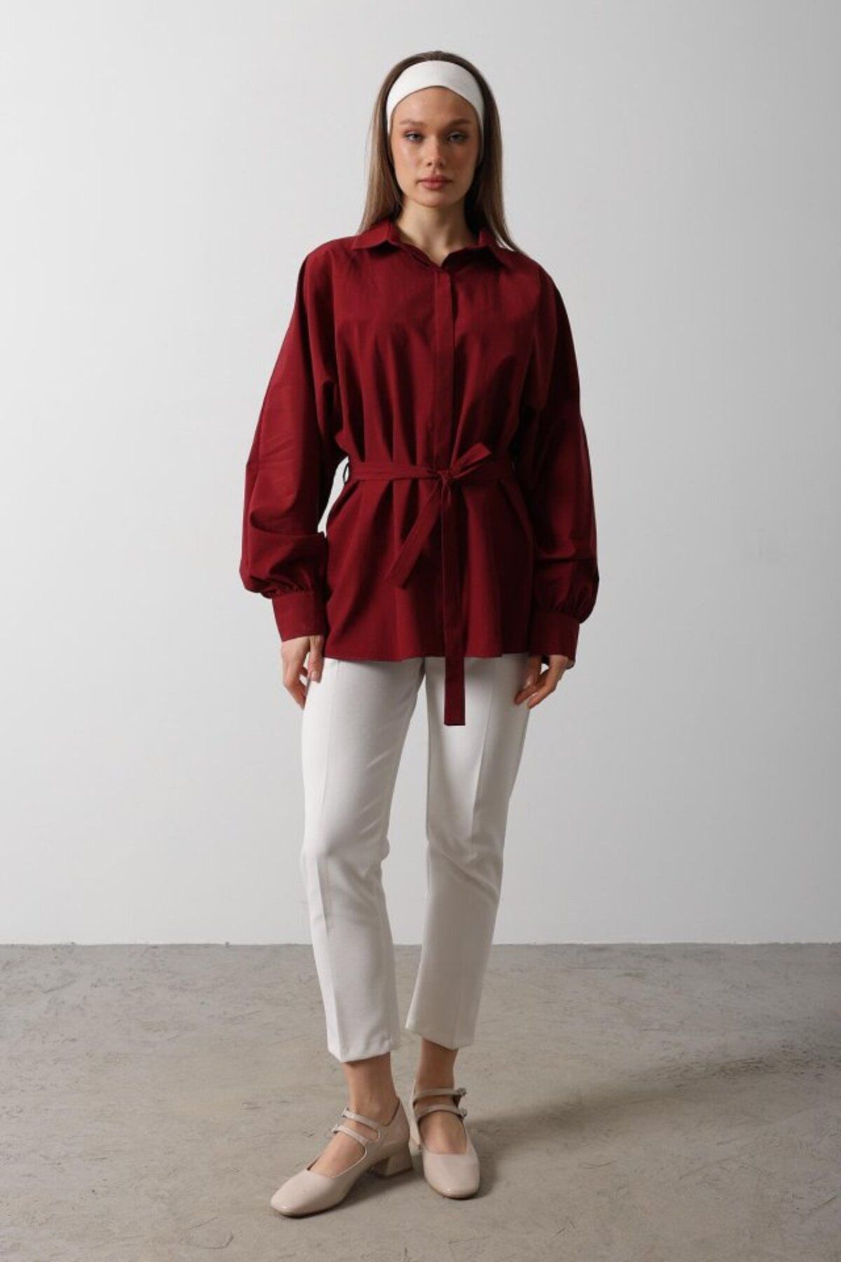 ARUZ MODA Bel Detaylı Gömlek - Bordo