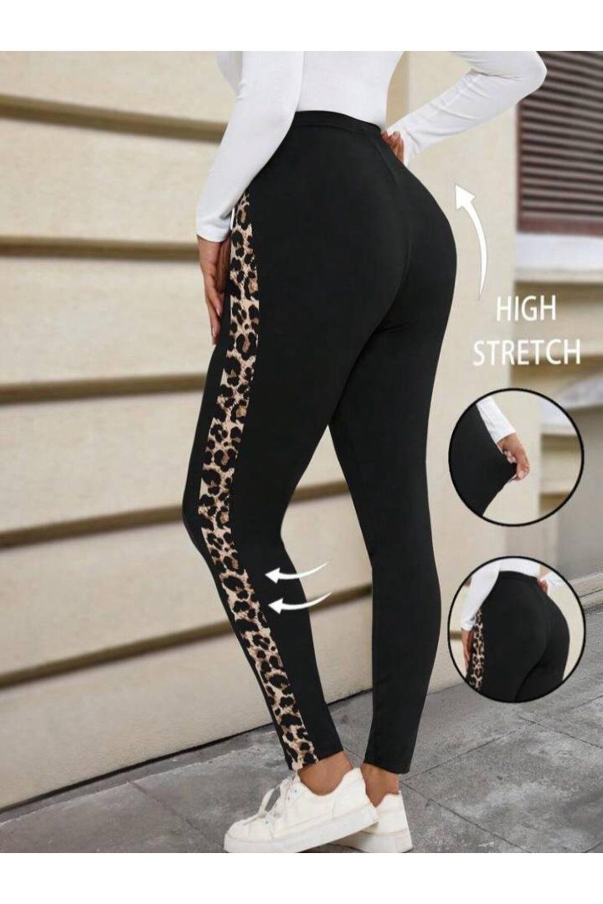 ARUZ MODA Kadın Yüksek Bel Yanları Leopar şerit Detay Dalgıç Tayt