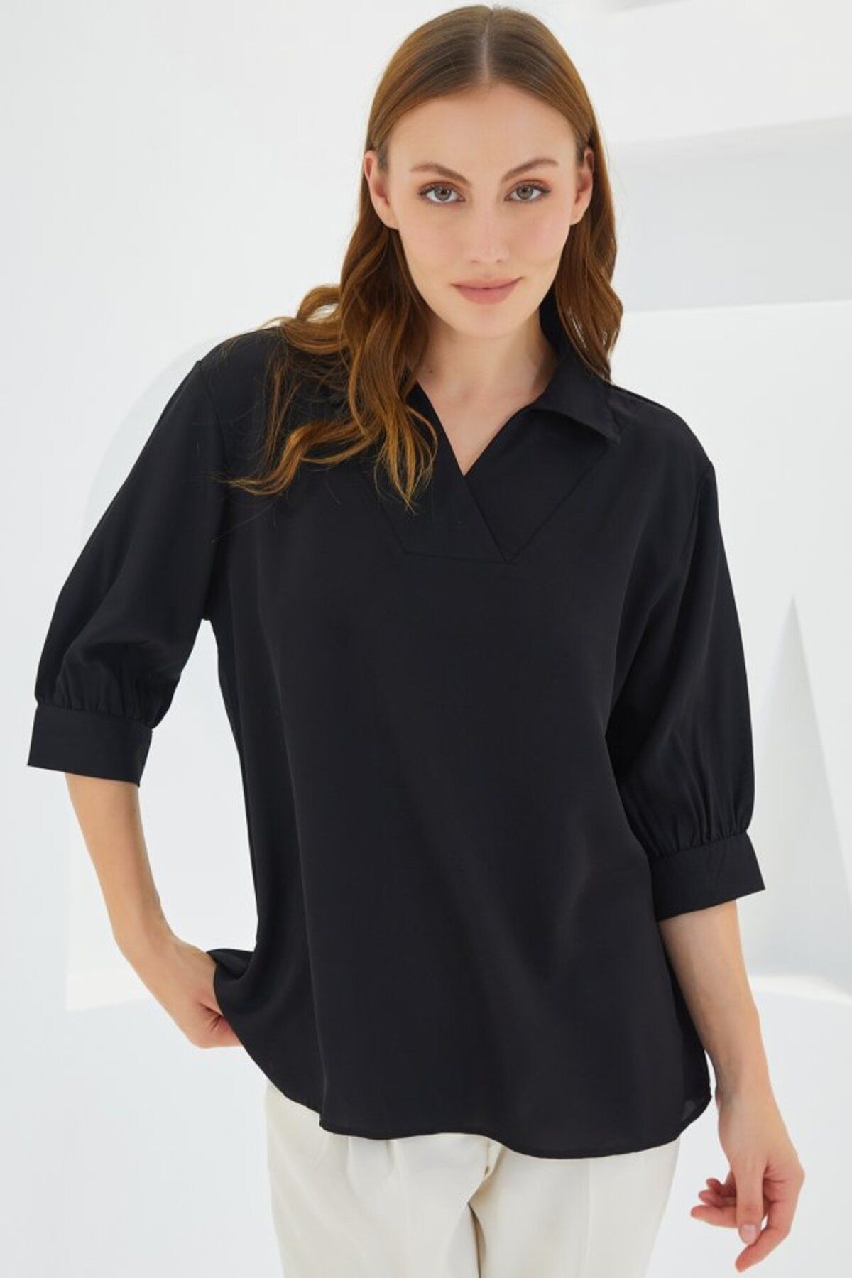 ARUZ MODA Siyah Gömlek Yaka Saten Bluz 0493