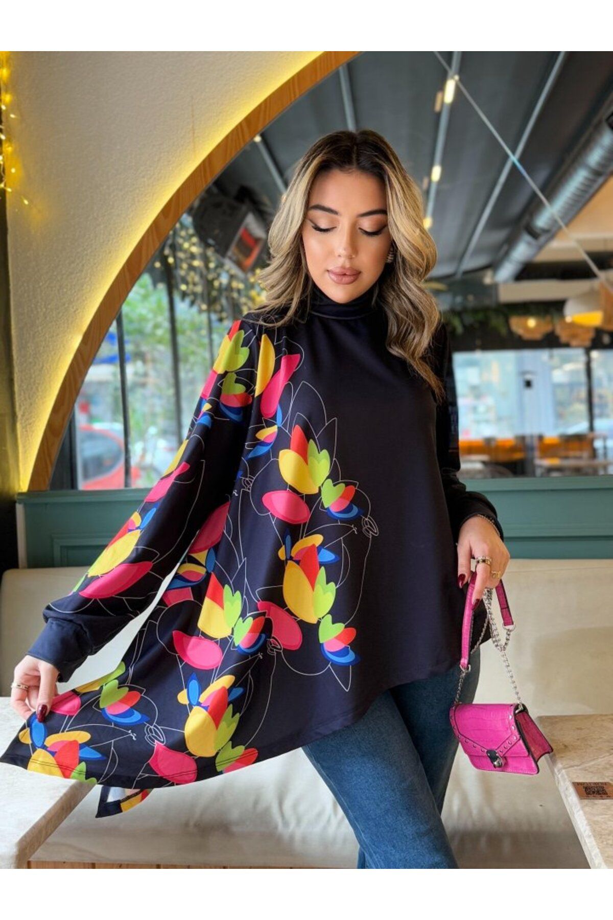ARUZ MODA Kadın Uzun Kollu Balıkçı Yaka Asimetrik Kesim Dalgıç Kumaş Bluz