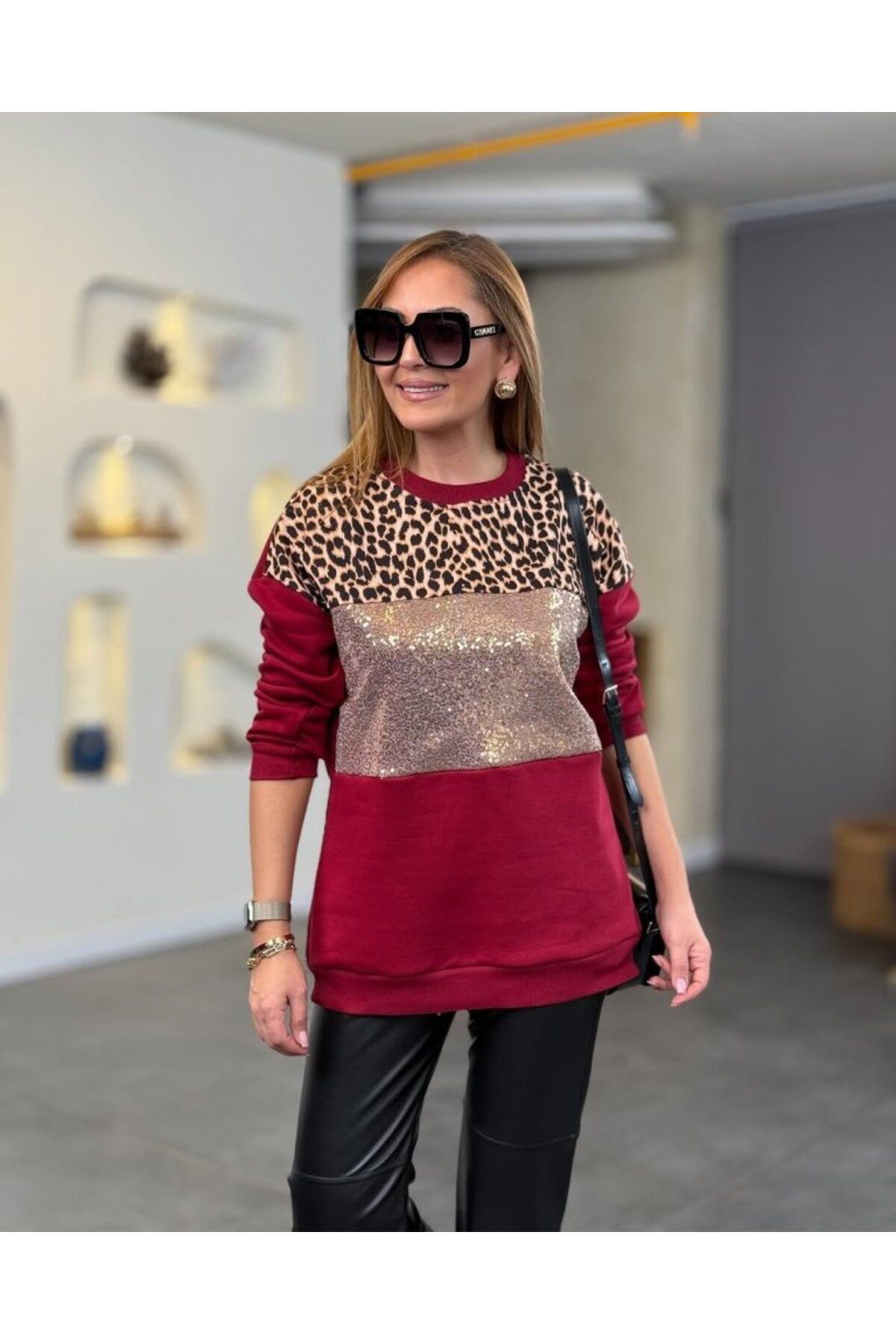 ARUZ MODA Kadın üç Iplik şardonlu Kumaş Leopar Desenli Bluz