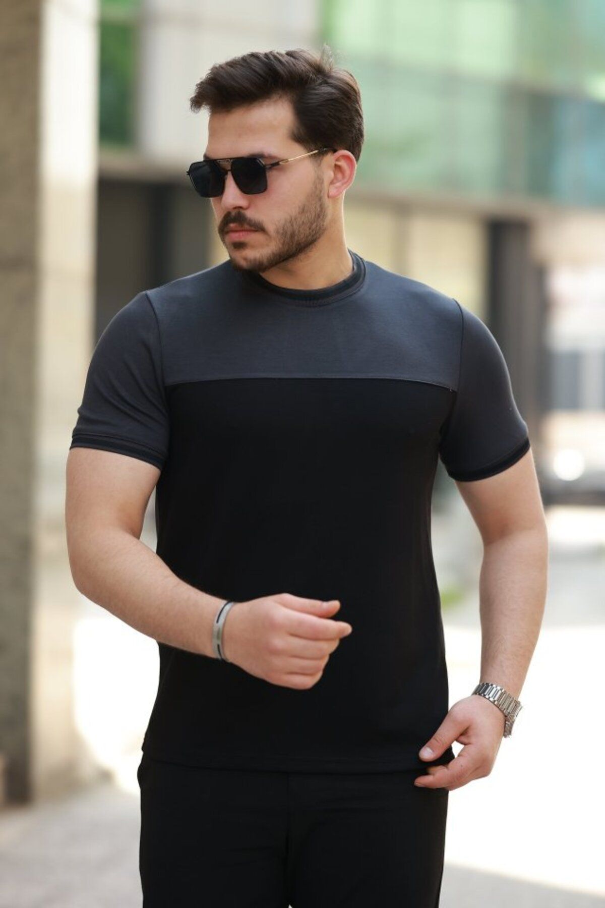 Modayakamoz Yeni Sezon Erkek Bisiklet Yaka Parçalı Renk Kısa Kollu T-shirt