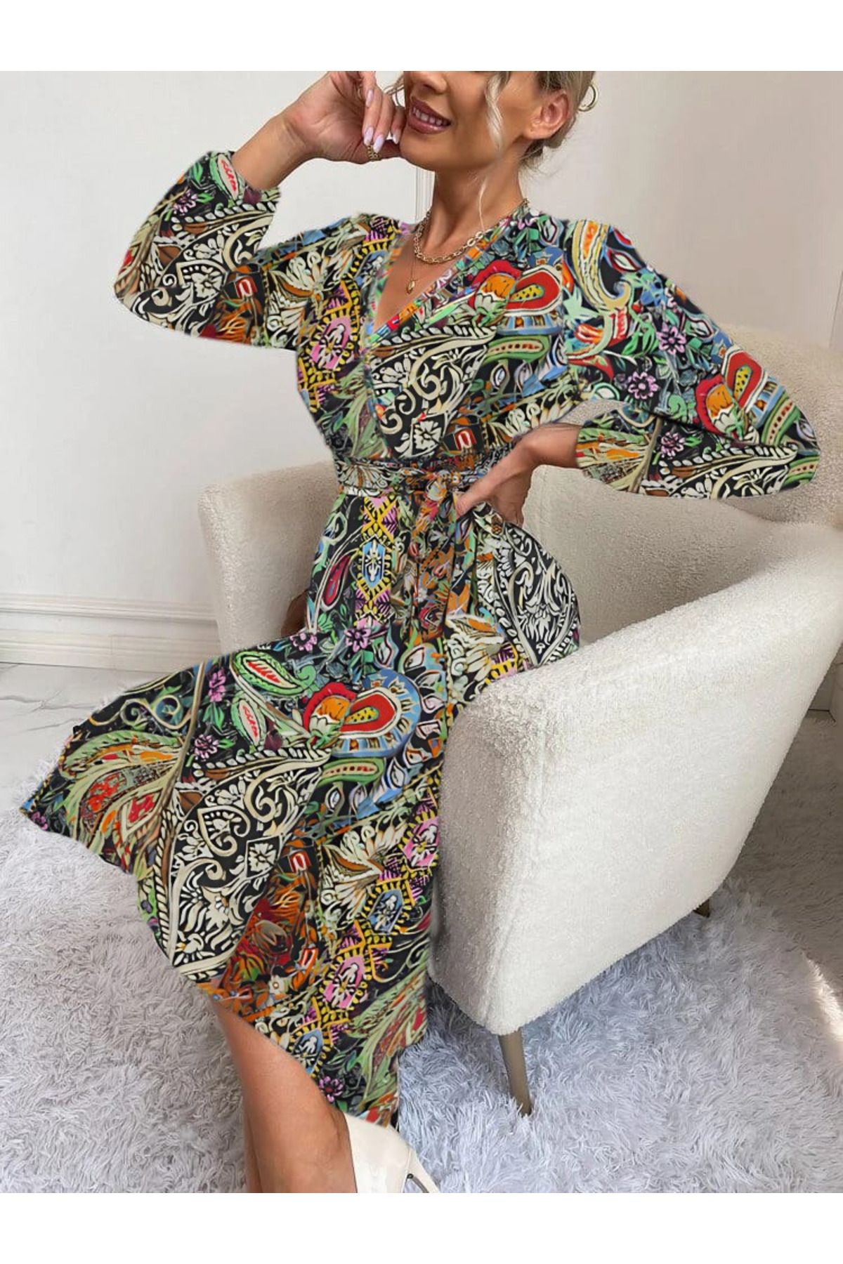 ARUZ MODA Kadın Uzun Kollu Kruvaze Yakalı Belden Kuşaklı Leopar
