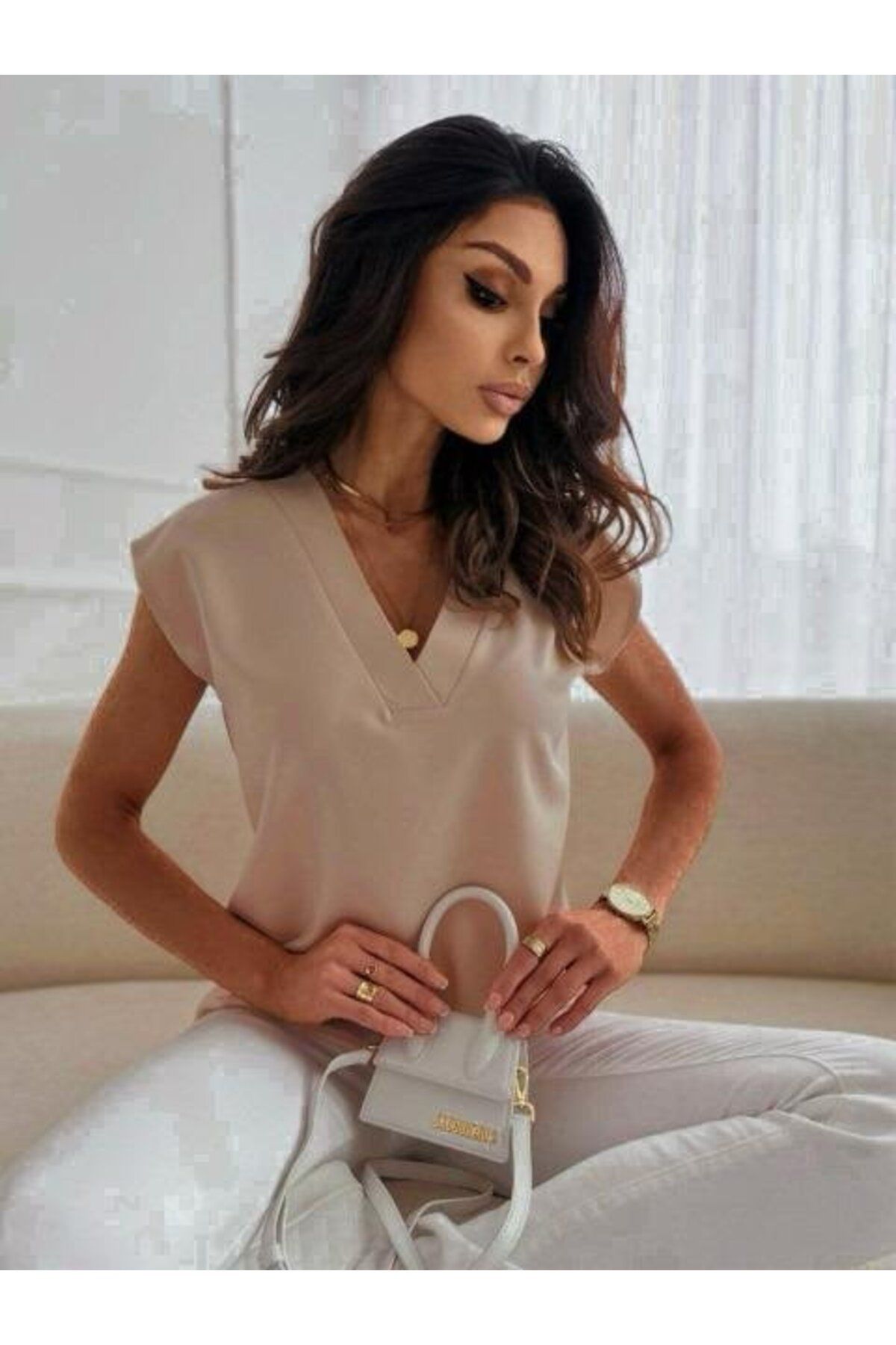 ARUZ MODA Kadın Moss Krep Kumaş V Yaka Kısa Kol Bluz