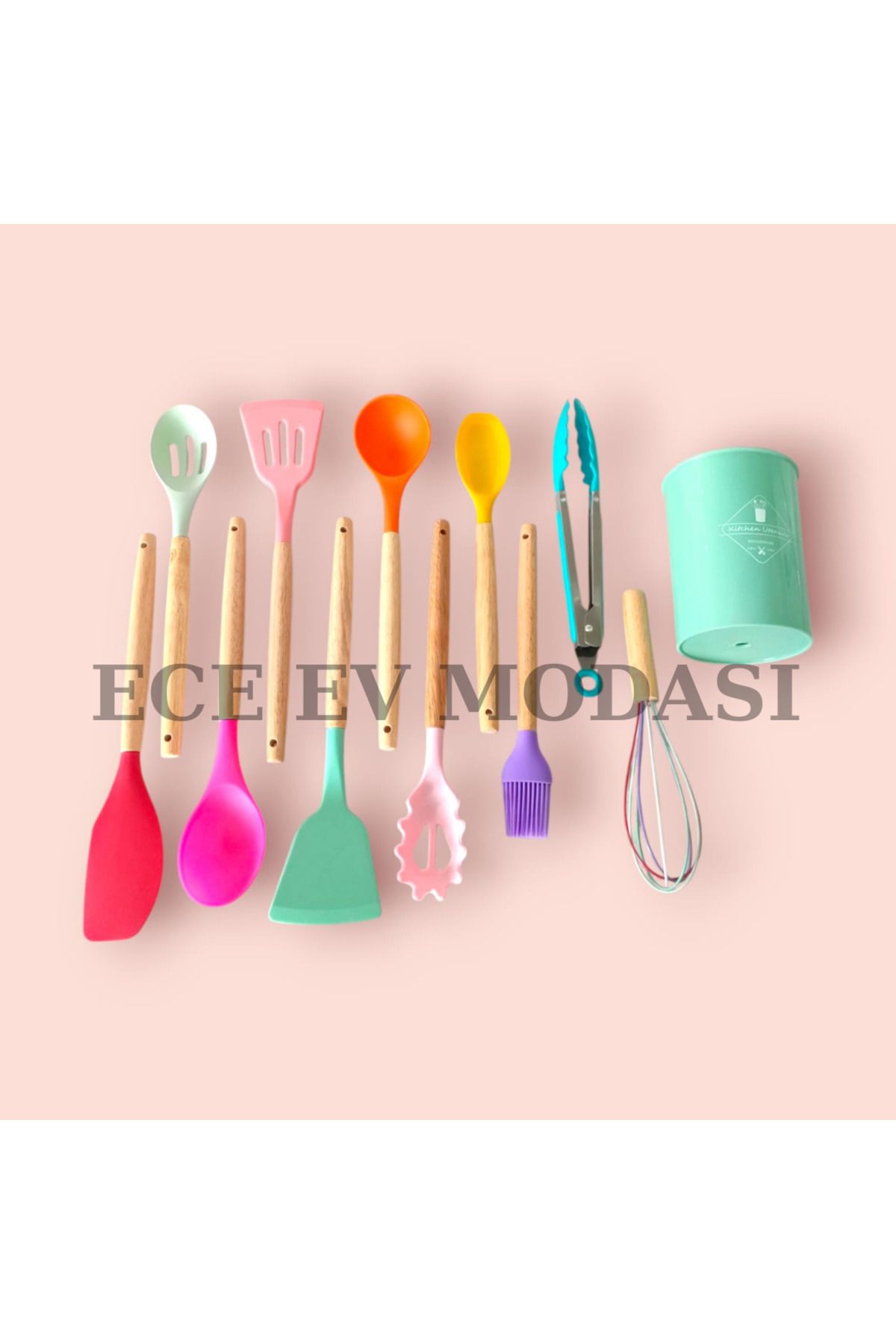 EceAksesuar Slikon 11'li Kepçe Seti Isıya Dayanıklı; Kepçe-çırpıcı-makarna Kepçesi- Spatula Standlı Servis Seti