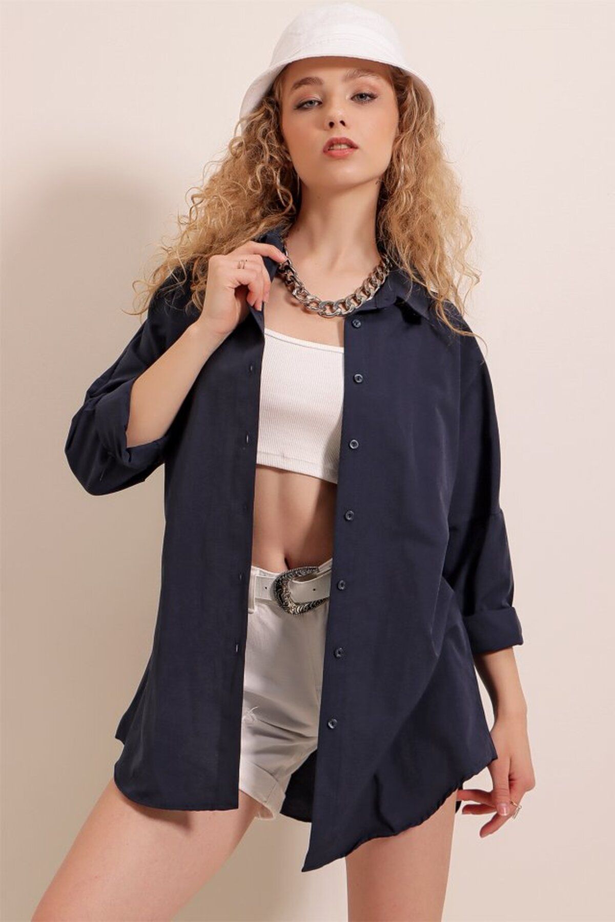 ARUZ MODA 3900 Oversize Uzun Basic Gömlek - Lacivert