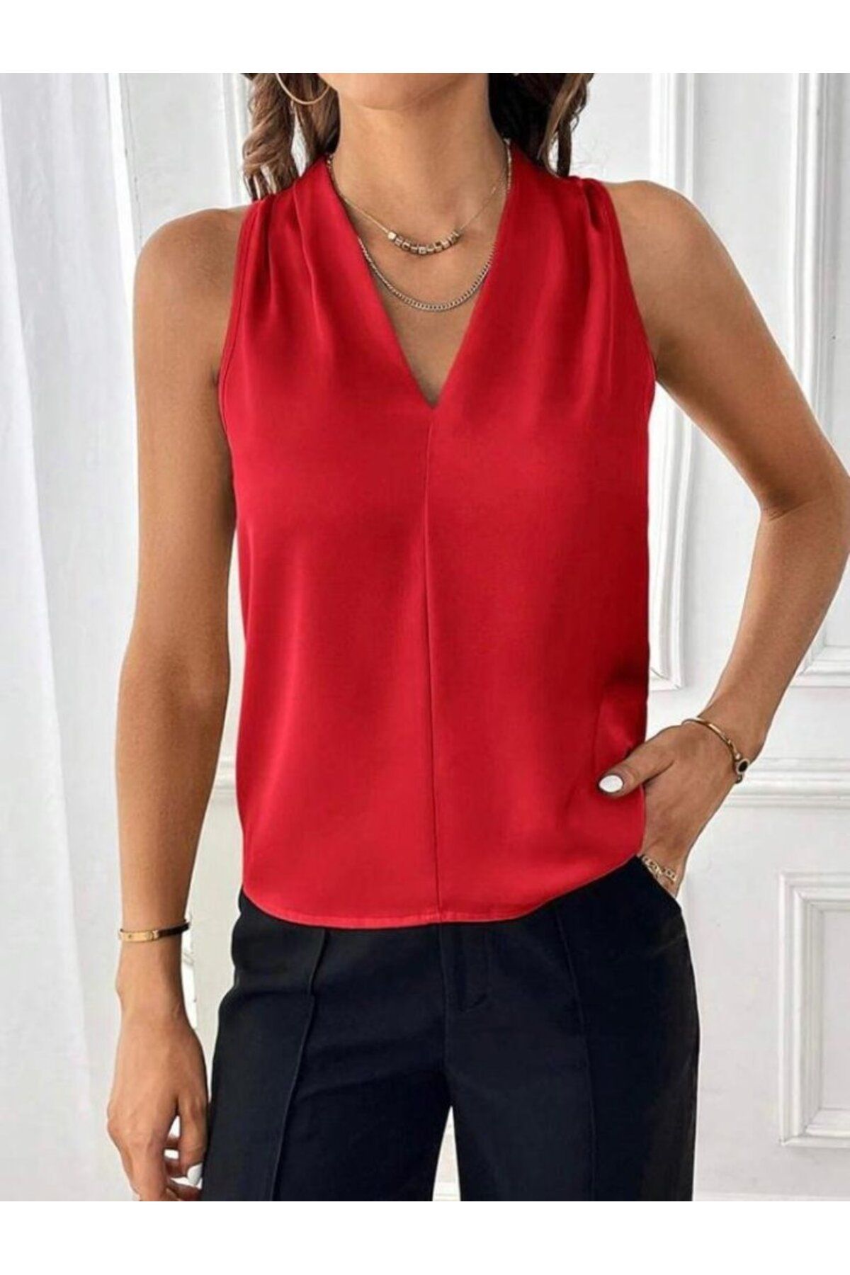 ARUZ MODA Kadın Sıfır Kol V Yaka Viskon Kumaş Bluz