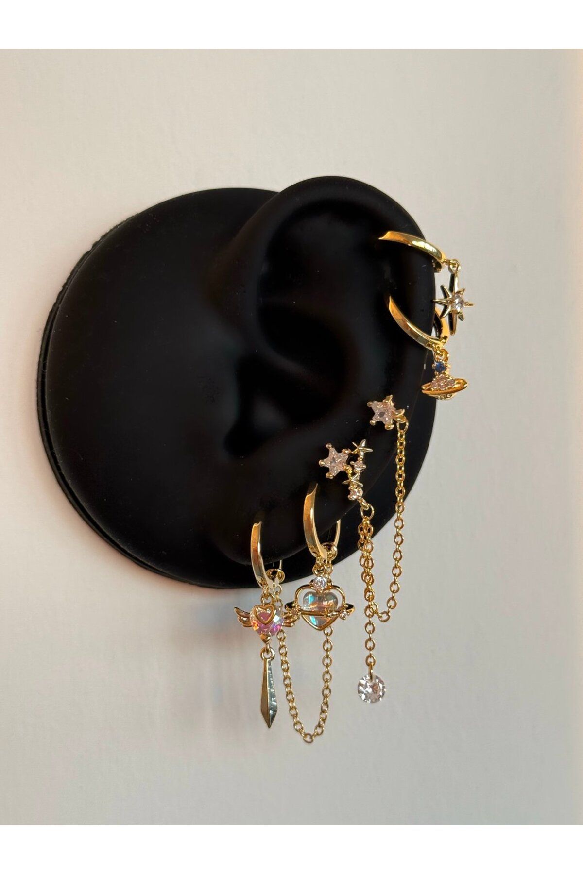 H&B Design Çelik Gold Mini Kalp Detay 6 Lı Küpe Seti