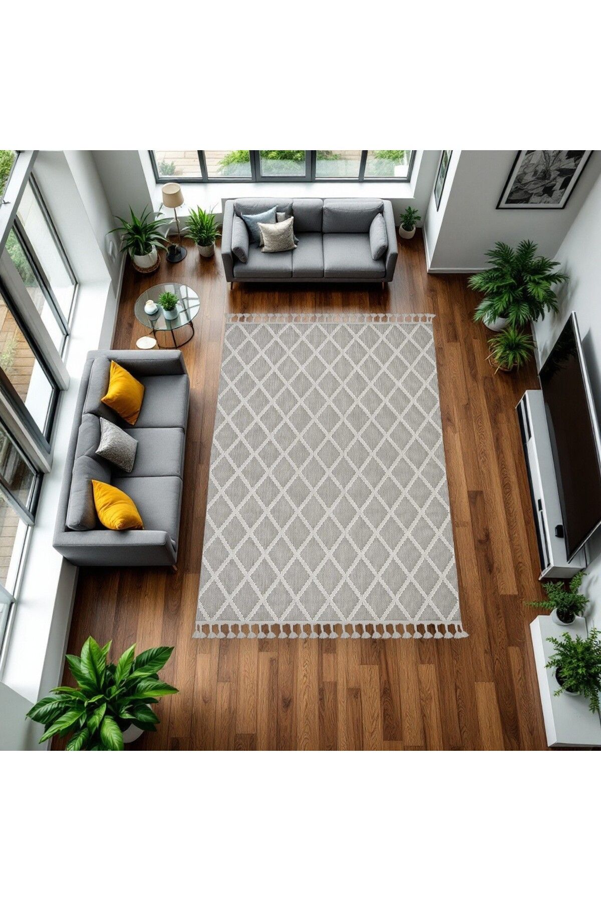 Trend Home Yıkanabilir Kesme Halı Kaymaz İskandinav Modern Kafes Desenli Gri Krem Salon Mutfak Çocuk Halısı
