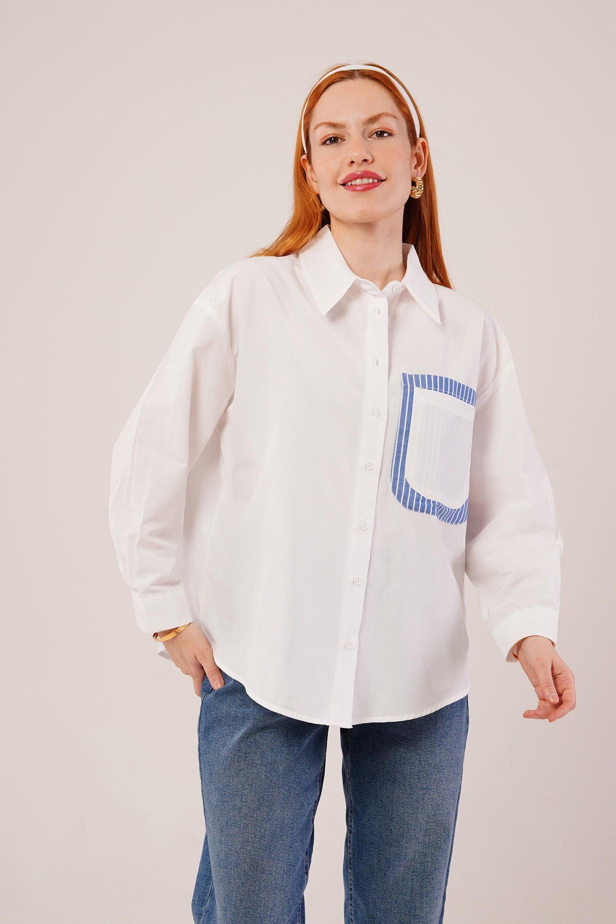 ARUZ MODA Çizgili Cep Detaylı Beyaz Gömlek