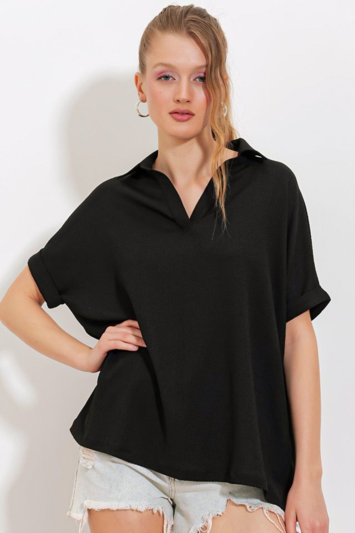 ARUZ MODA Siyah Oversize Polo Yaka Örme Bluz 0486