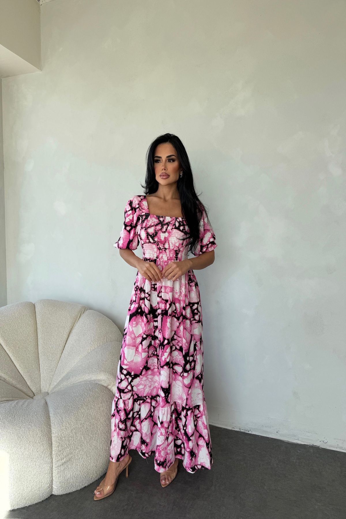 kamacibutik Kare Yaka Viskon Kumaş Etnik Desenli Elbise ( Standart Beden S/M/L/XL Uyumlu)