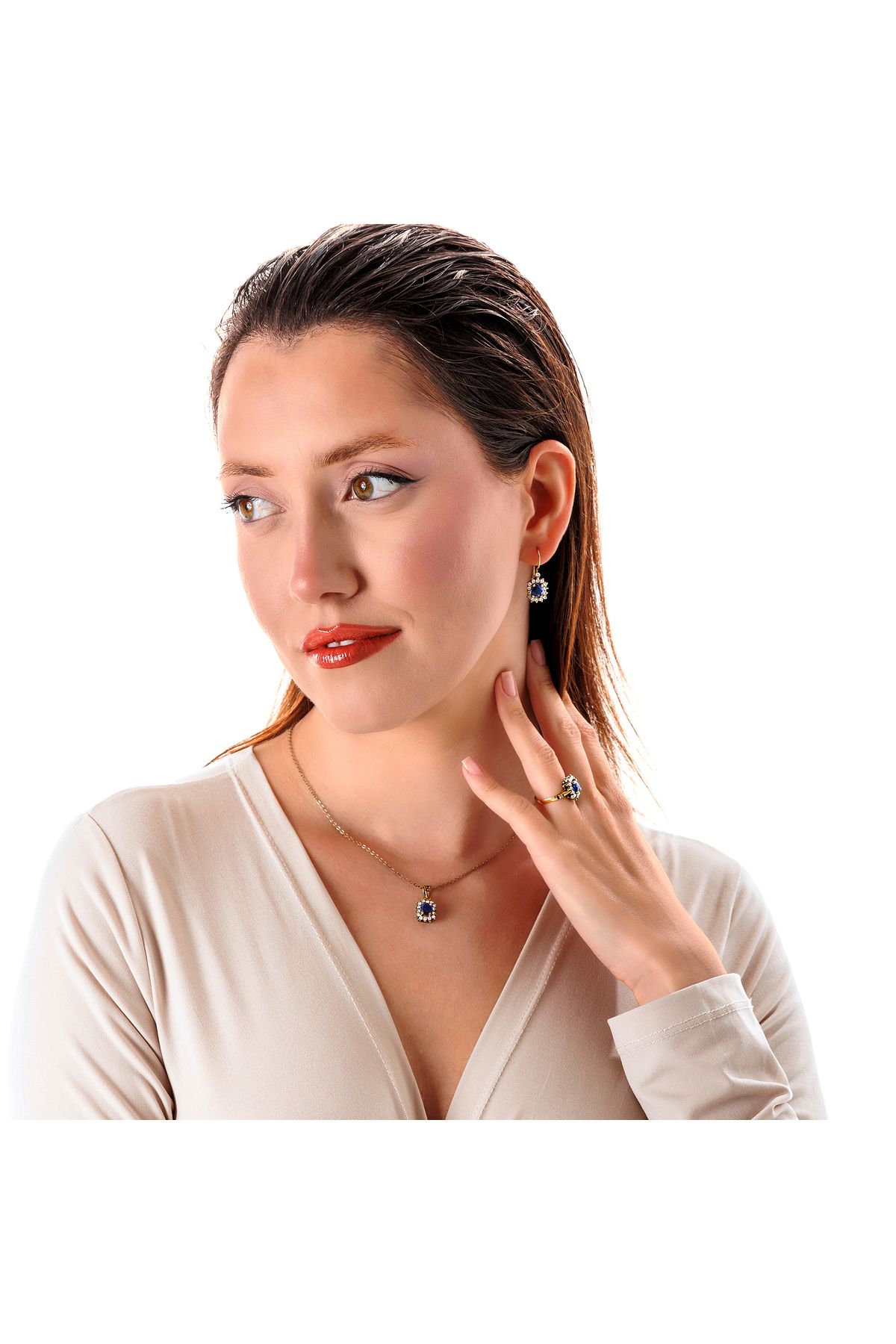 Atelier LEO Handmade Jewellery HARMONİ BAGET LACİVERT TAKIM YÜZÜK NO:10 BAKIR EL YAPIMI KARARMA YAPMAZ KADIN TAKI SETİ