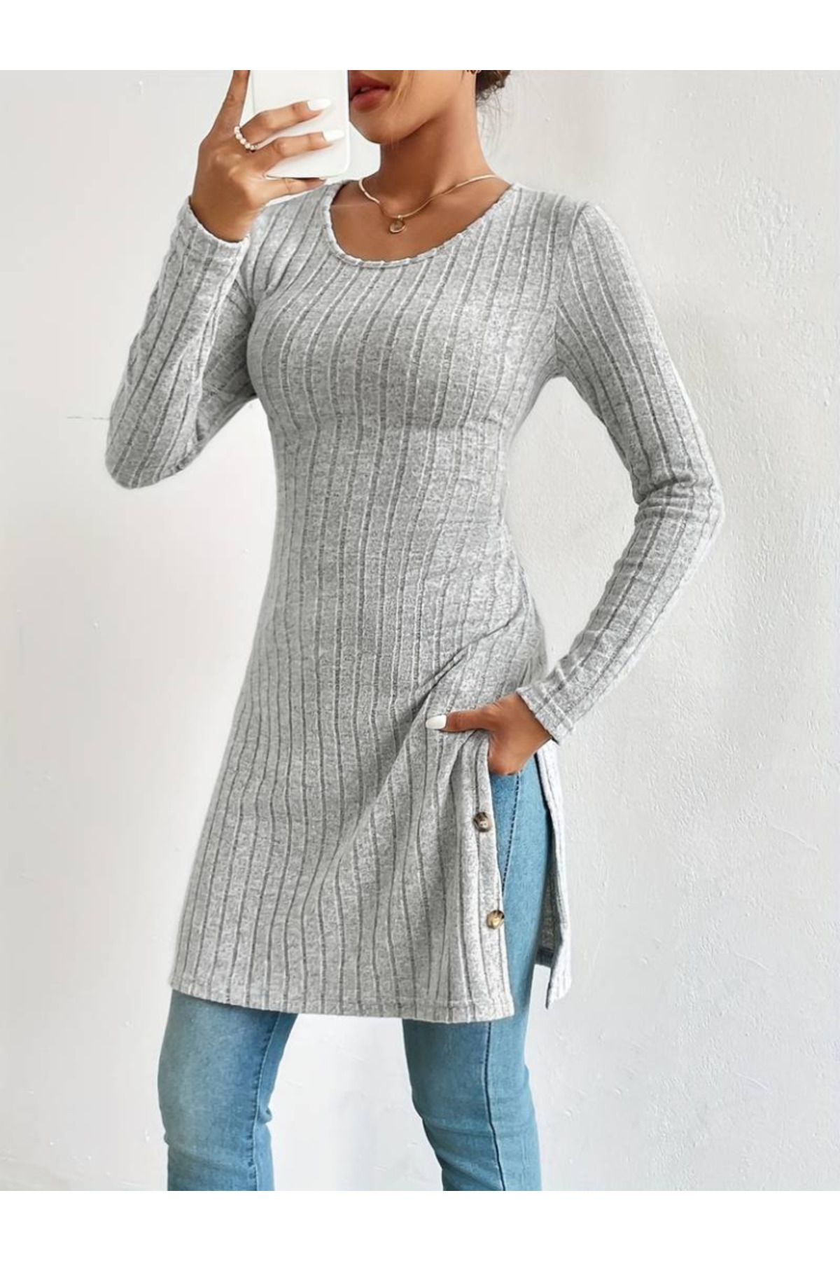 ARUZ MODA Kadın Uzun Kollu Yuvarlak Yaka Yandan Yırtmaçlı Düğmeli şardonlu Kaşkorse Bluz