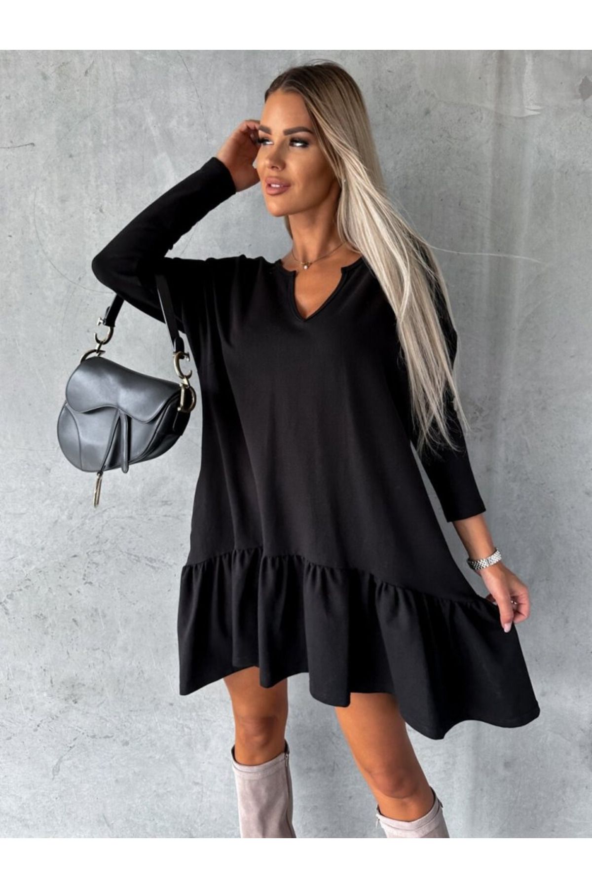 ARUZ MODA Kadın Uzun Kollu V Yaka Eteği Büzgülü Kloş Iki Iplik Mini Boy Elbise