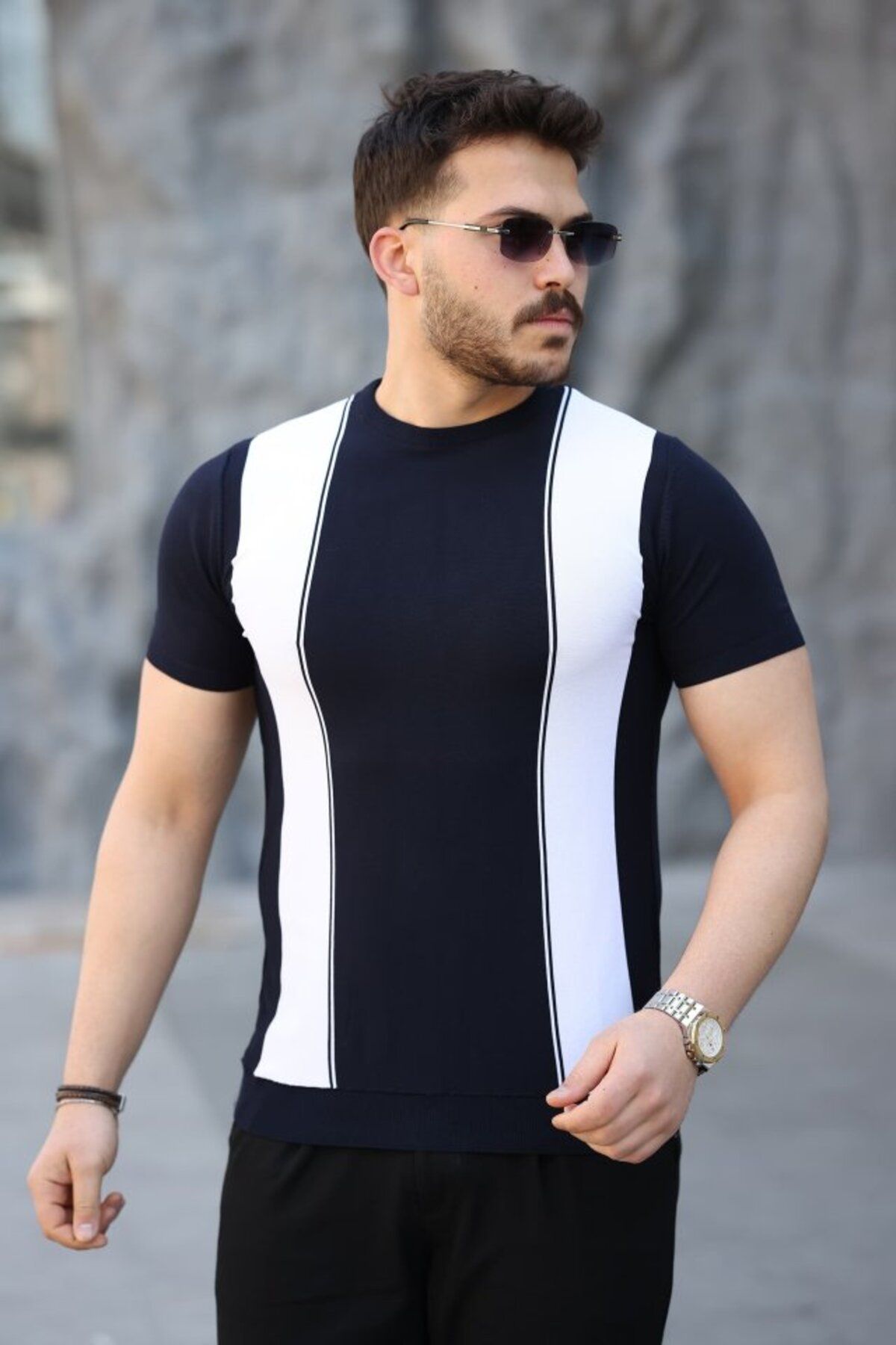 ARUZ MODA Erkek Viskon Kumaş Bisiklet Yaka çizgi Desenli Tişört