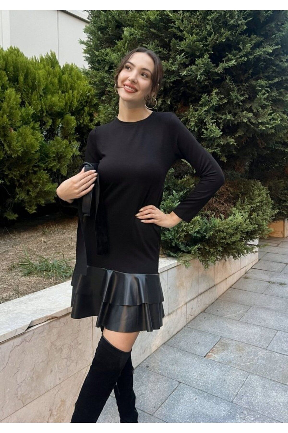 ARUZ MODA Kadın Uzun Kollu Bisiklet Yaka üst Viskon Etek Ucu Deri Kısa Elbise