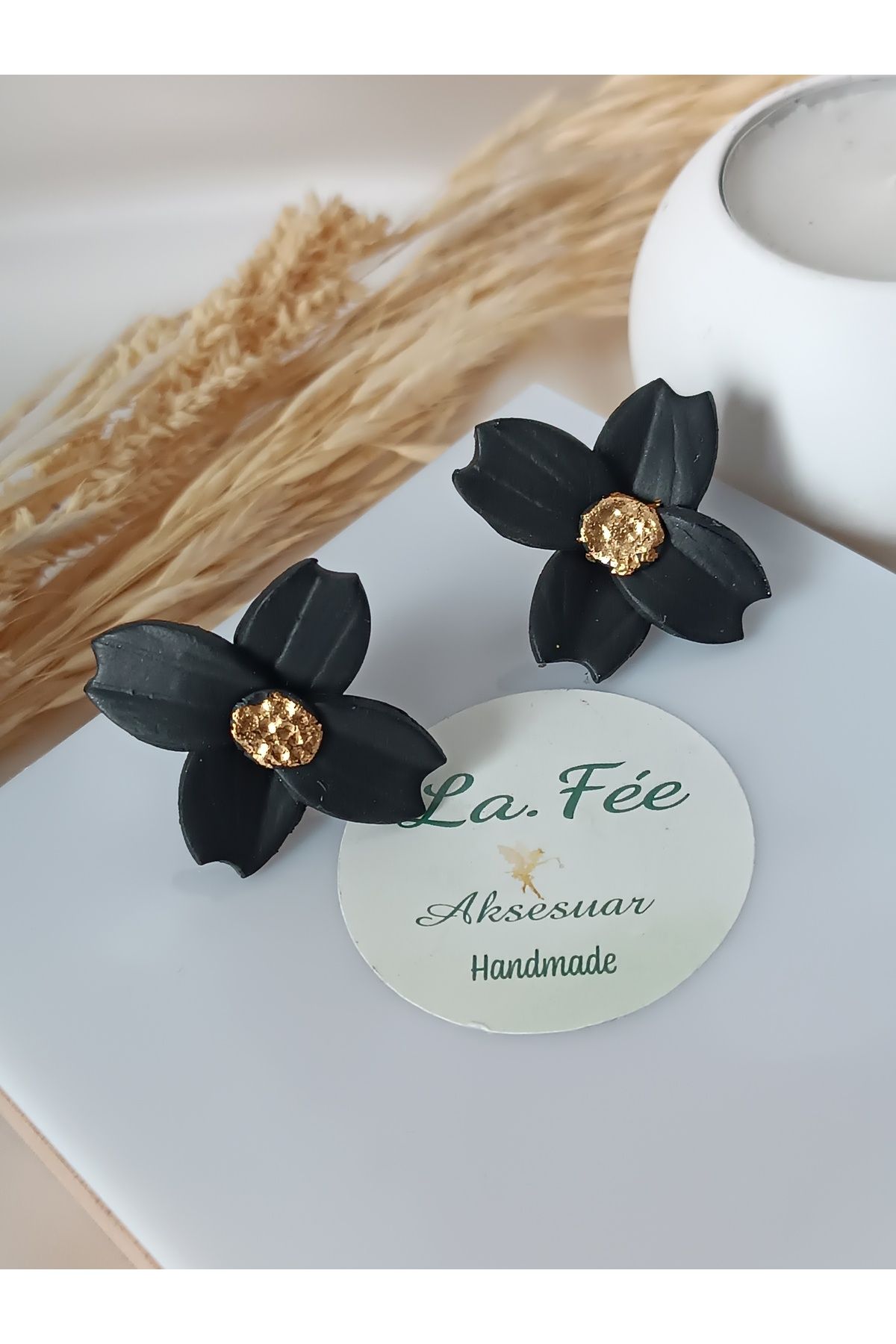 La fee aksesuar Çiçek küpe polimer kil çelik kadın küpe inci detay