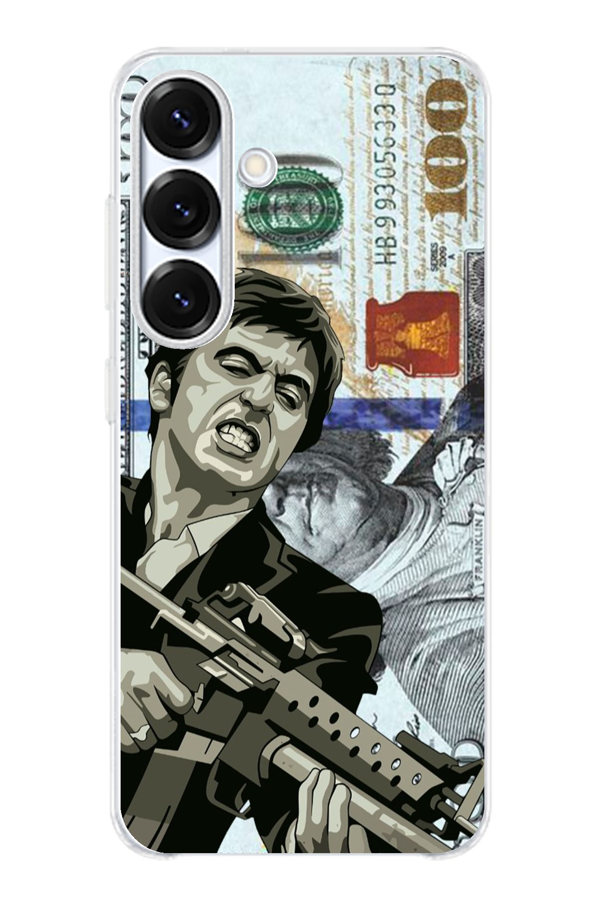 TechTree Samsung Galaxy S25 Uyumlu Scarface Dolar Tasarımlı Şeffaf Silikon Kılıf
