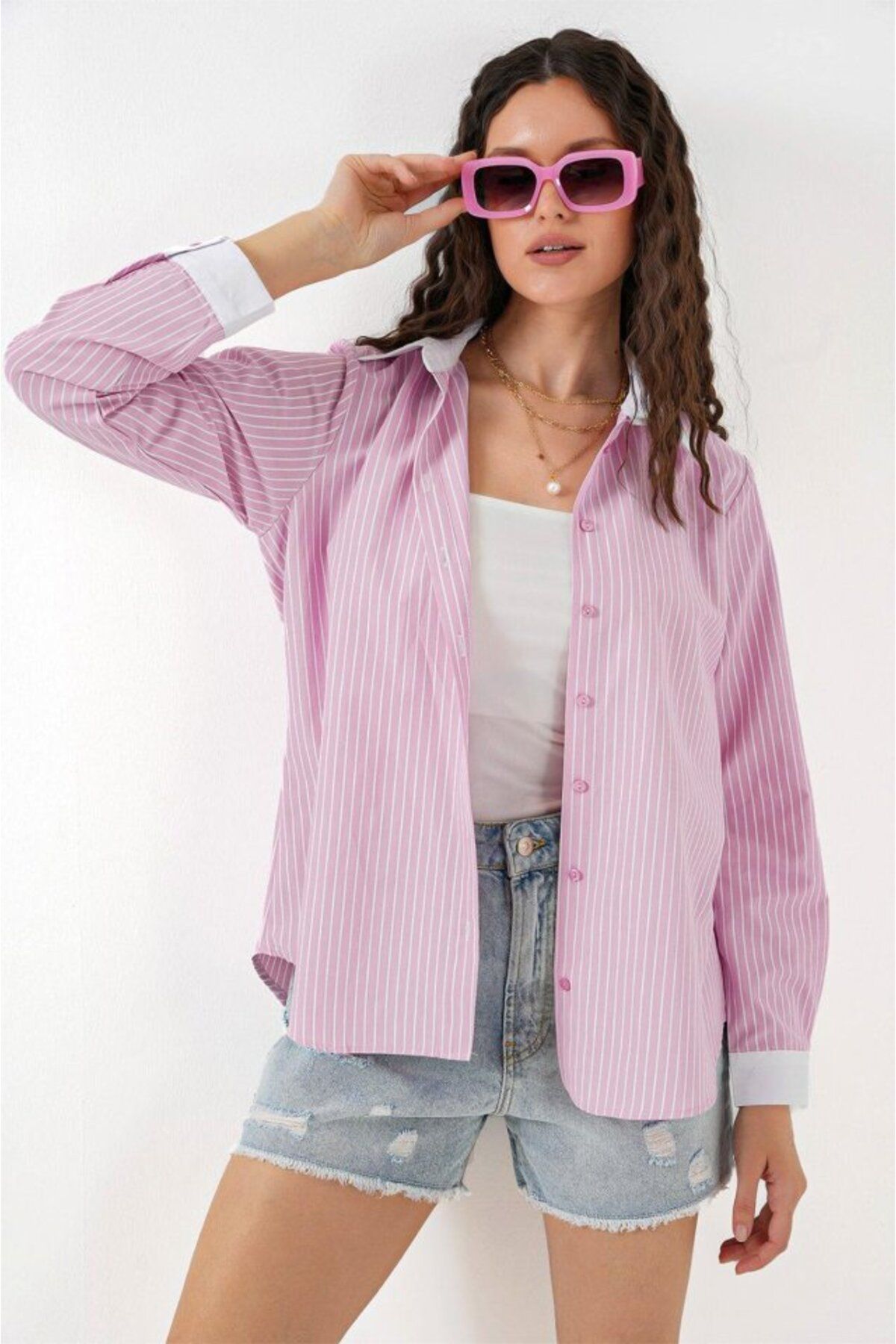 ARUZ MODA Çizgili Gömlek 20288 - Pembe