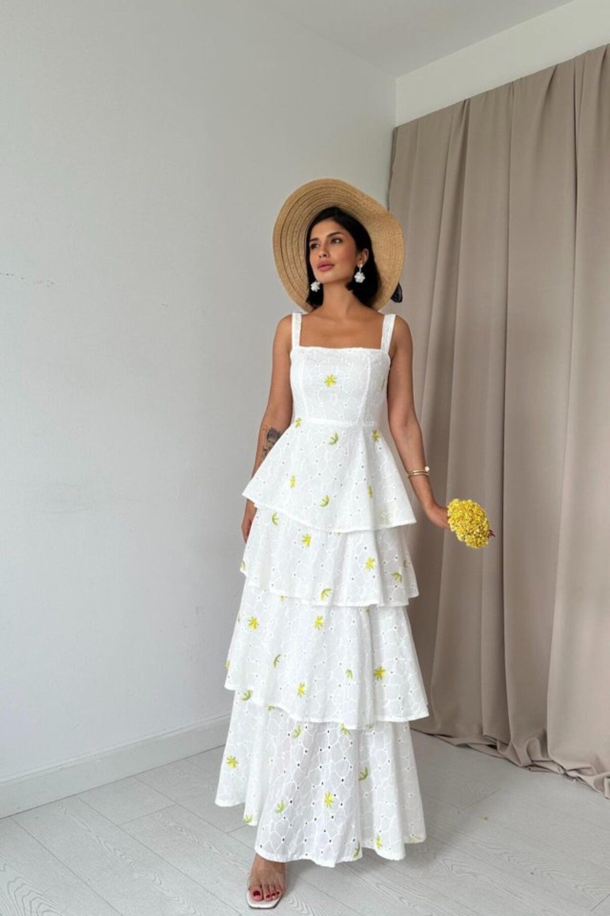 ARUZ MODA Sarı Kat Kat Arkası Bağlamalı Elbise