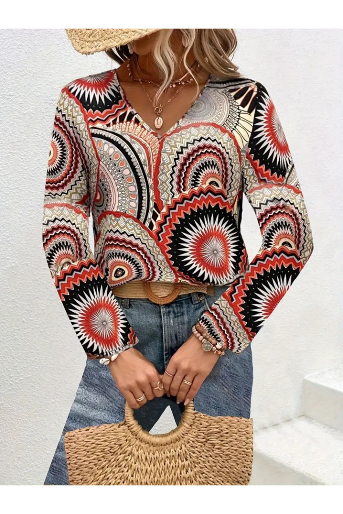 ARUZ MODA Kadın Uzun Kollu V Yakalı Desenli Süprem Bluz