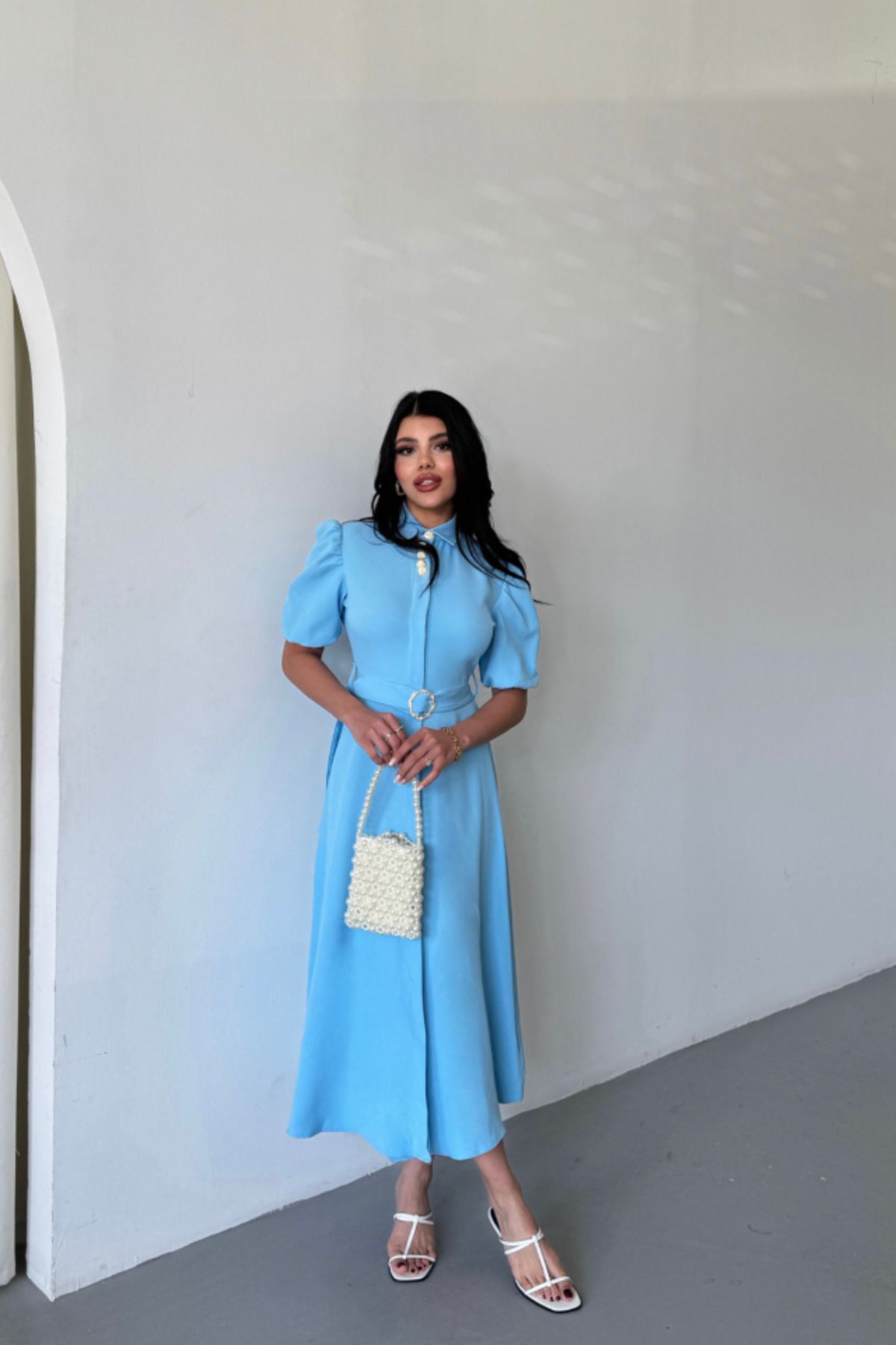 ARUZ MODA YAKA DÜĞME DETAYLI ELBİSE- Mavi
