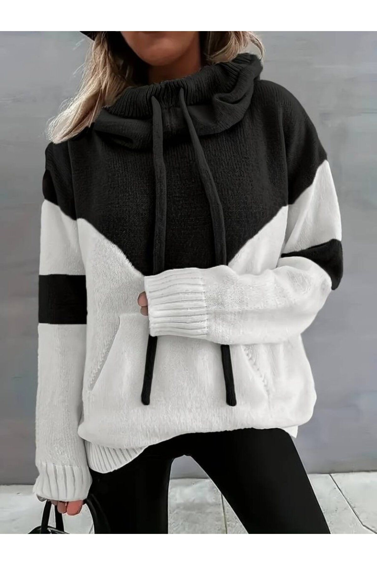 ARUZ MODA Kadın Uzun Kollu Blok Desenli Bağcıklı Triko Bluz