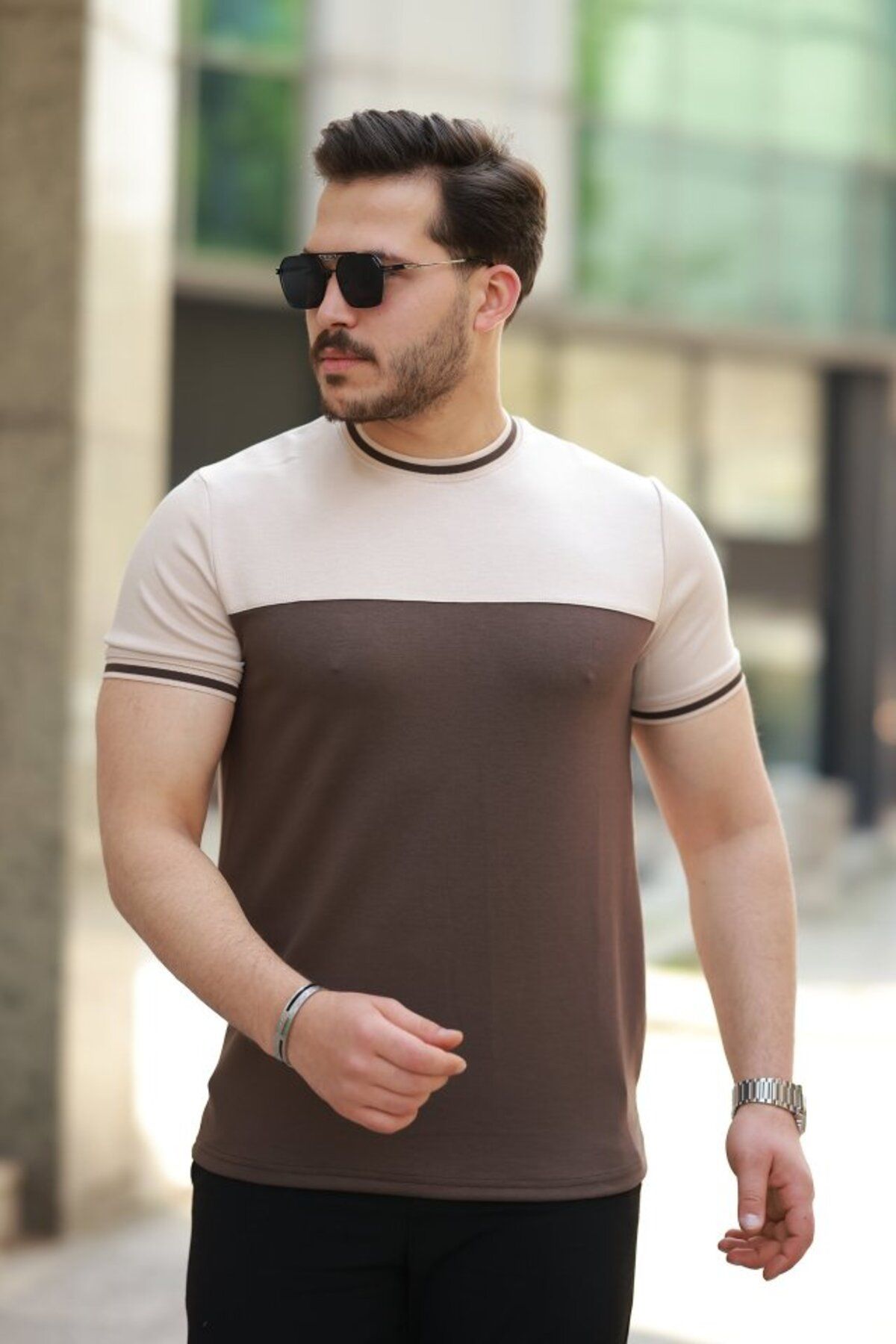 Modayakamoz Yeni Sezon Erkek Bisiklet Yaka Parçalı Renk Kısa Kollu T-shirt