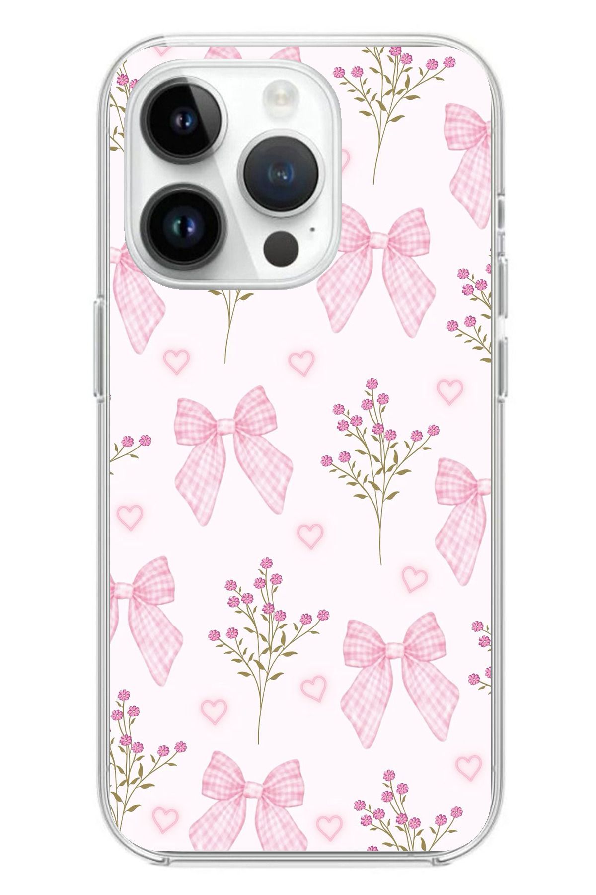 TechTree iPhone 14 PRO MAX Uyumlu Pembe Çiçek ve Fiyonklar Şeffaf Silikon Kılıf