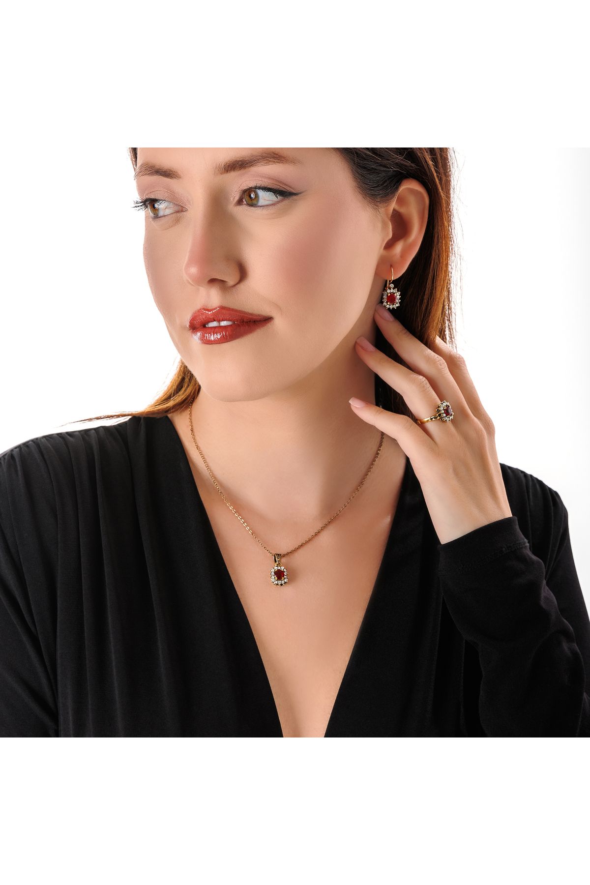 Atelier LEO Handmade Jewellery HARMONİ BAGET KIRMIZI TAKIM YÜZÜK NO:10 BAKIR EL YAPIMI KARARMA YAPMAZ KADIN TAKI SETİ