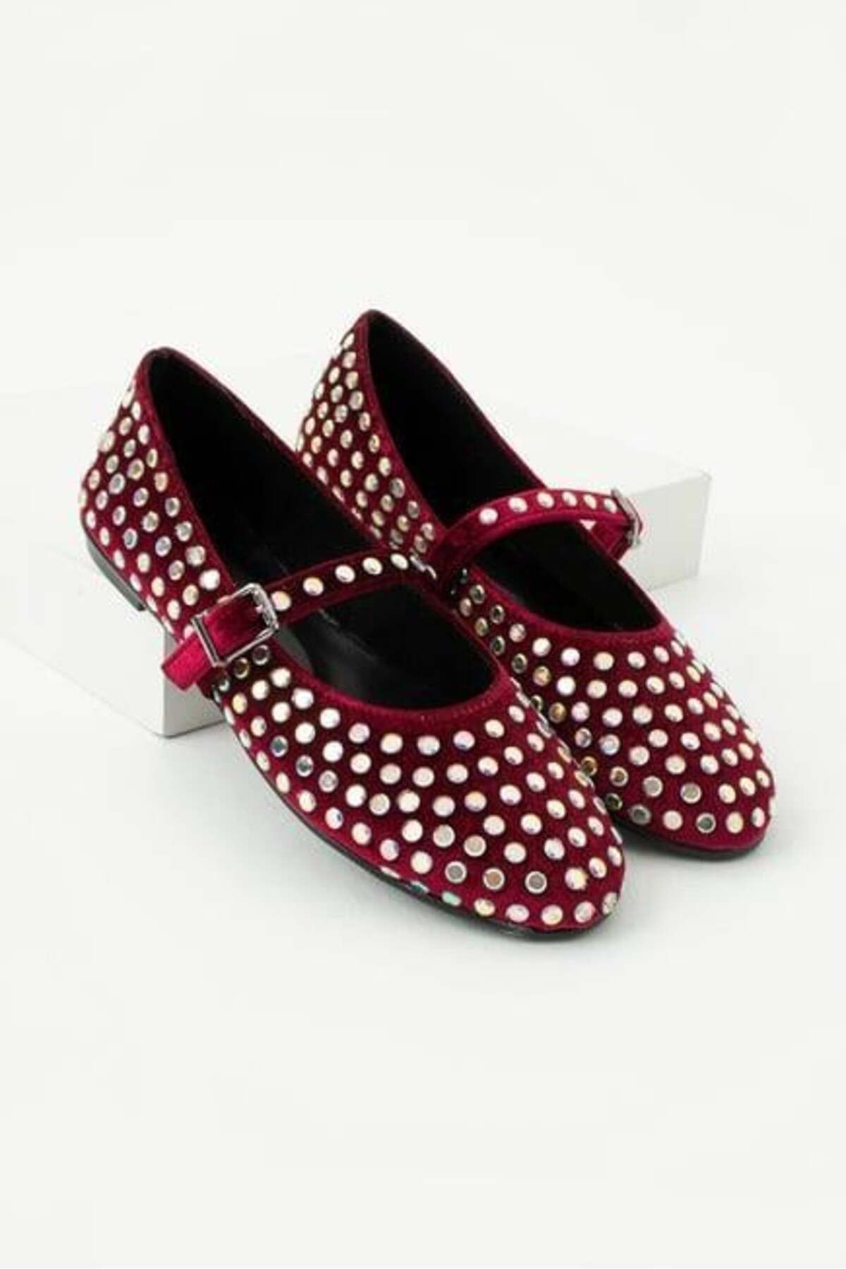 FS KOMBİN COLLECTİON Dole Kadın Bordo Süet Taşlı Babet