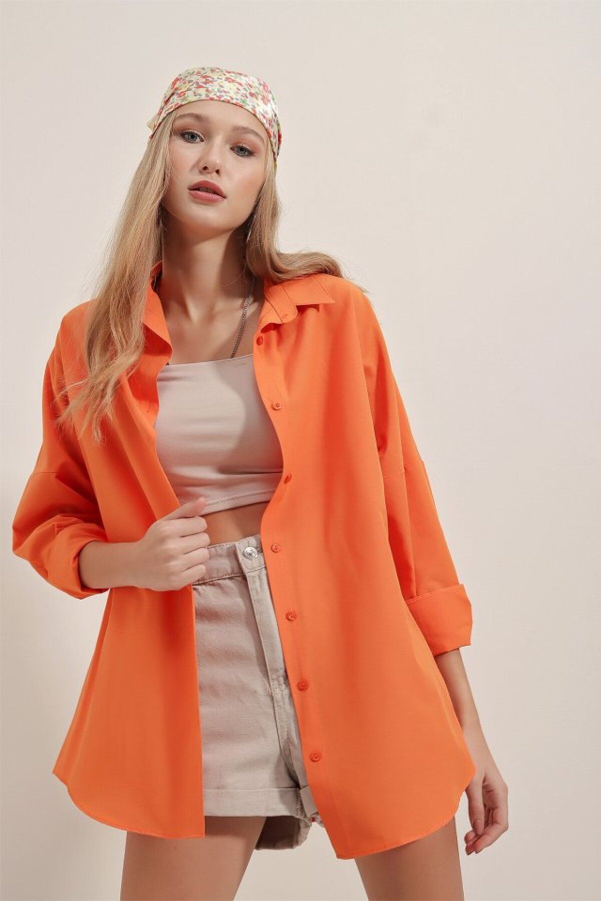 ARUZ MODA 3900 Oversize Uzun Basic Gömlek - Turuncu