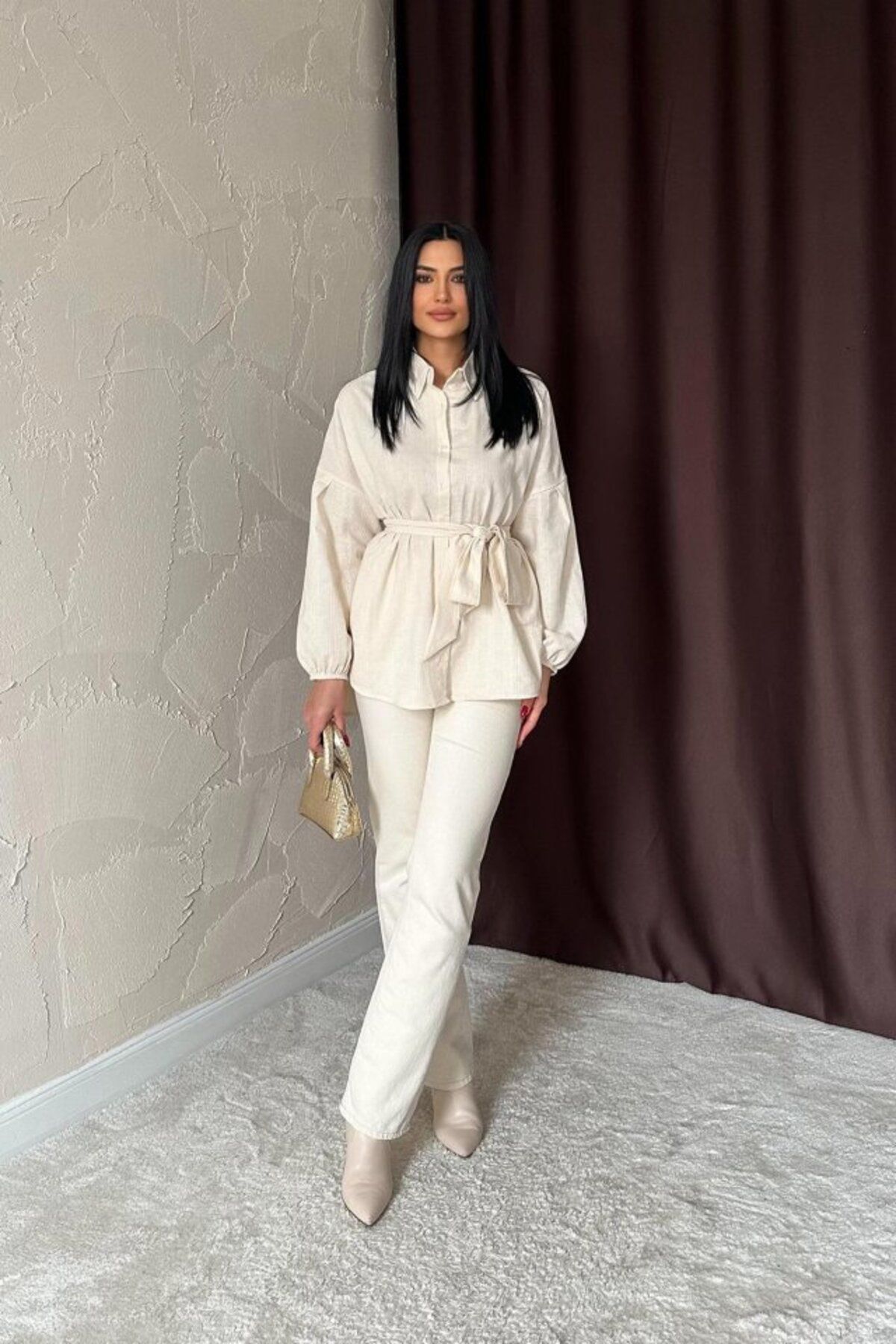 ARUZ MODA Bej Petek Jakar Kumaşlı Gömlek