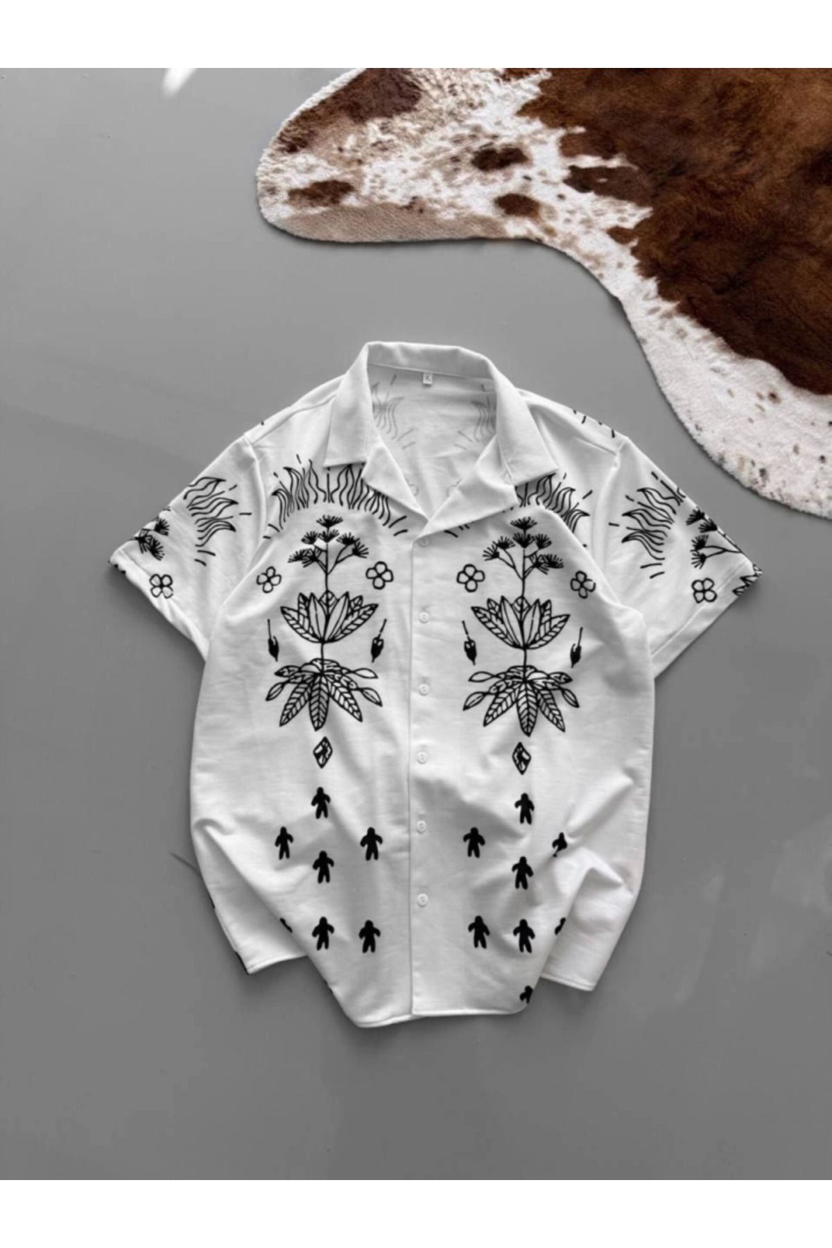 ARUZ MODA İki İplik Kumaş Baskılı Gömlek - Beyaz