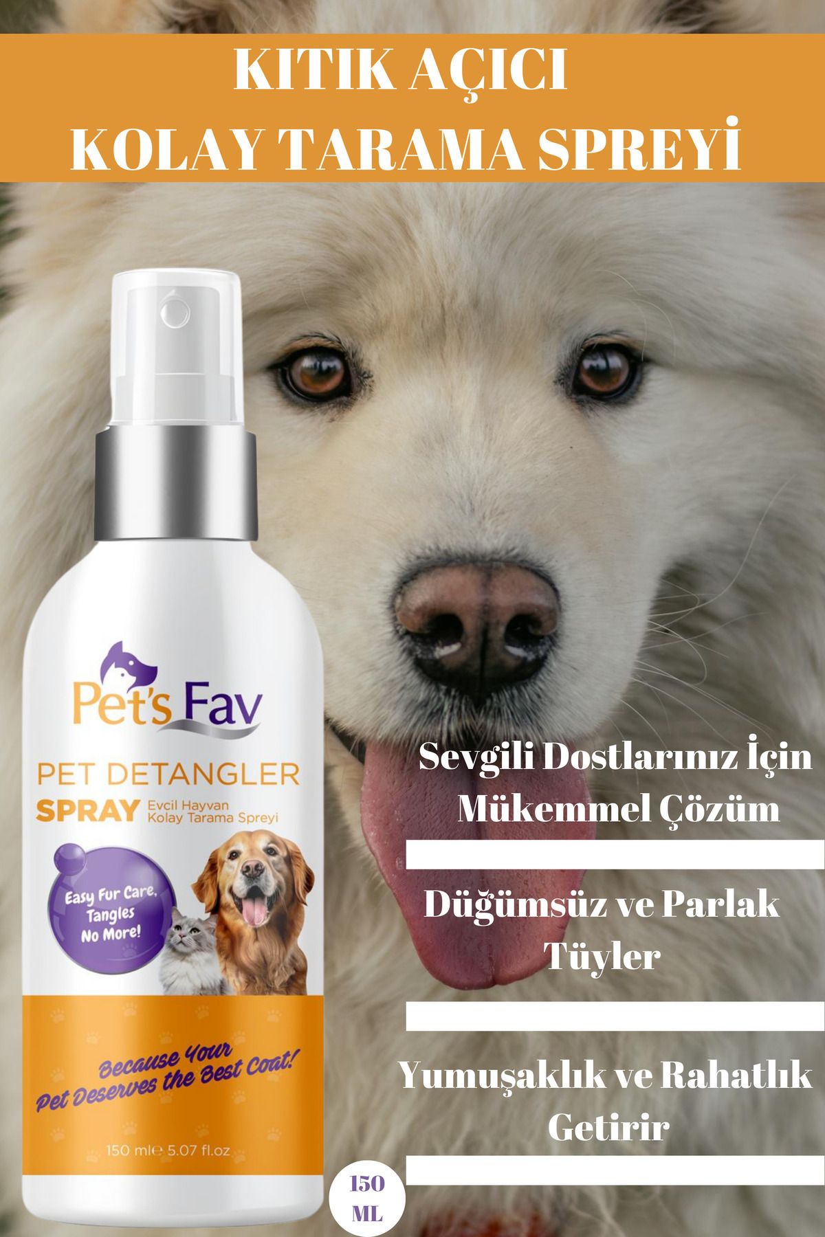 Pets Fav Köpek Kıtık Açıcı Kolay Tarama Spreyi Anında Dolaşıklık Giderme Bakımı & İpeksi Tüy Sağlığı
