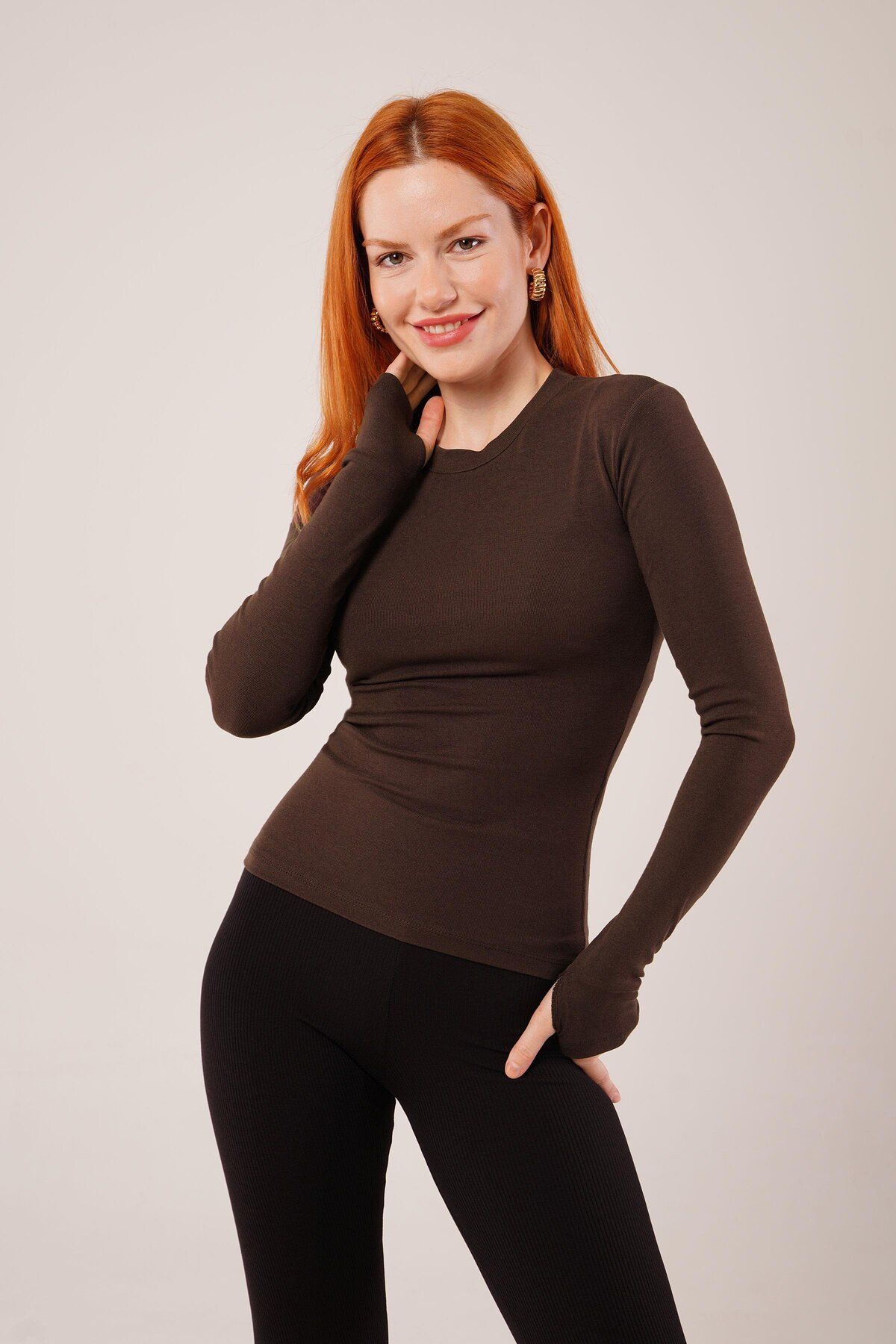 ARUZ MODA Uzun Kollu Basic Kahverengi Bluz