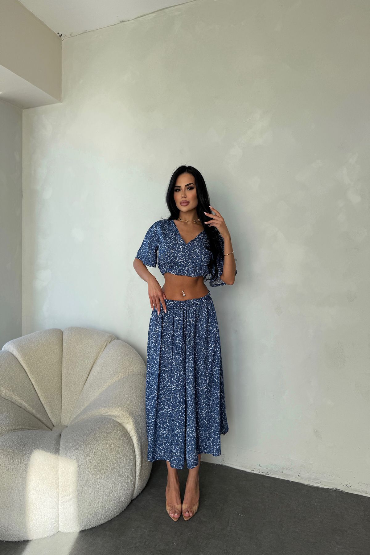 kamacibutik V Yaka Çiçek Desenli İkli Takım Elbise