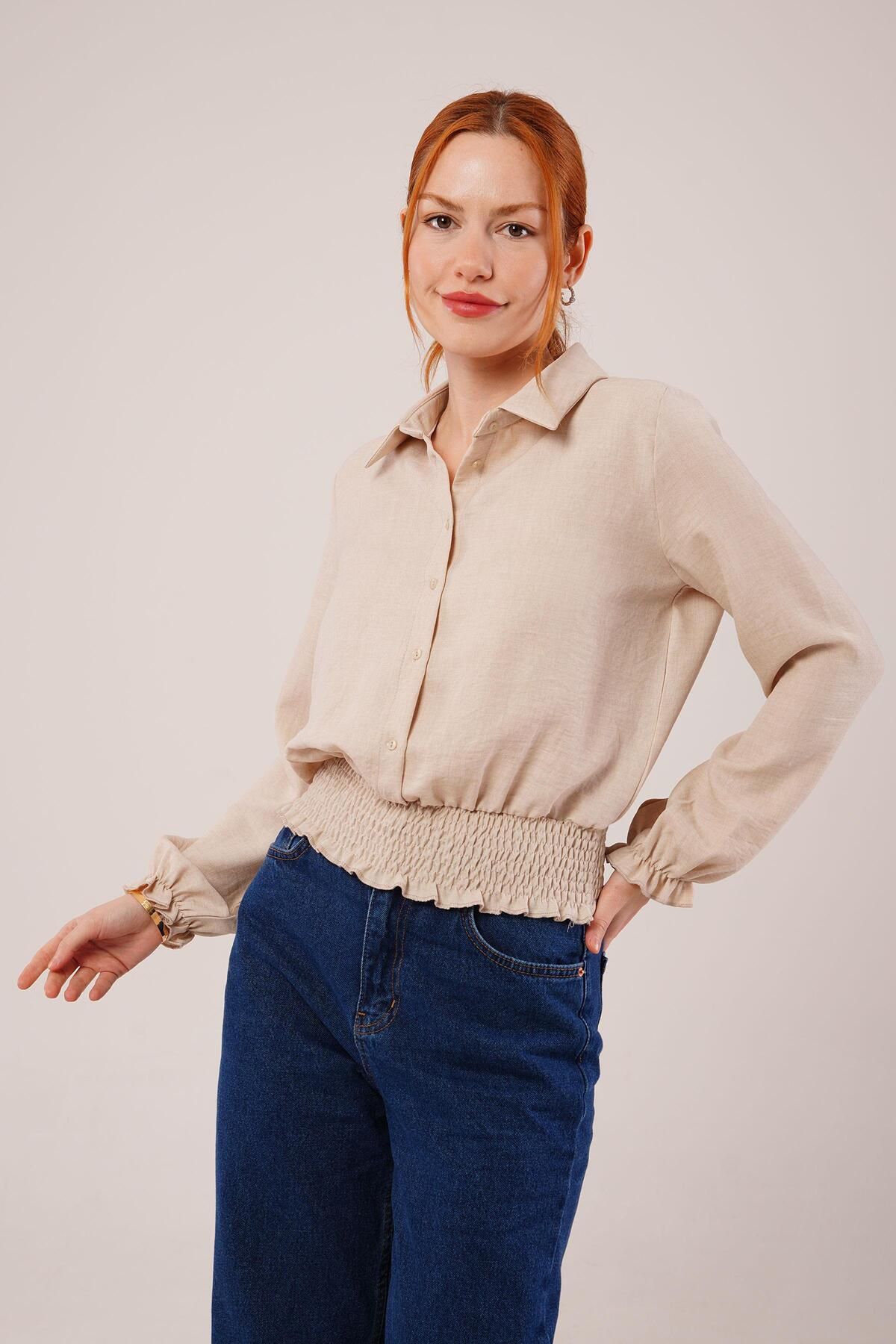 ARUZ MODA Bel Ve Bilek Lastikli Bej Bluz
